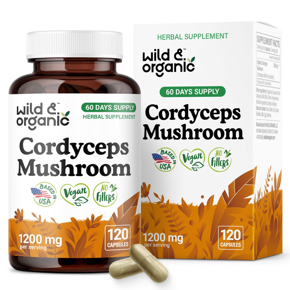 Wild & Organic Cordyceps capsules 1200 mg for daily immune and energy support.