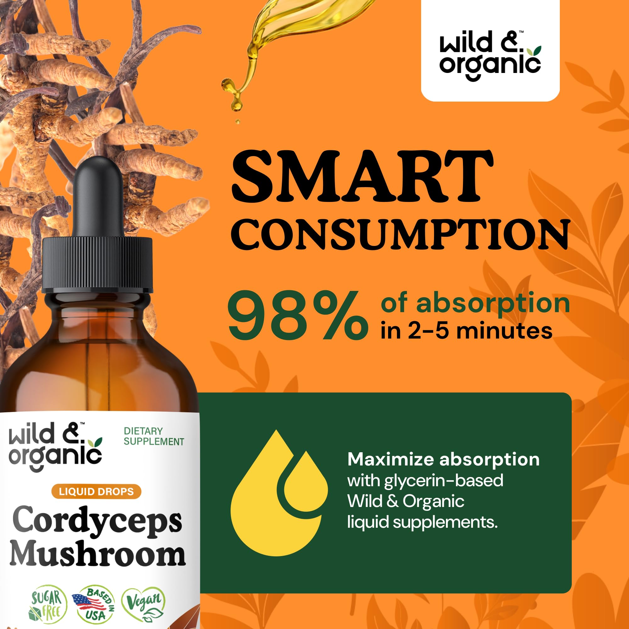 Wild & Organic Cordyceps tincture label detailing vegan and alcohol-free claims