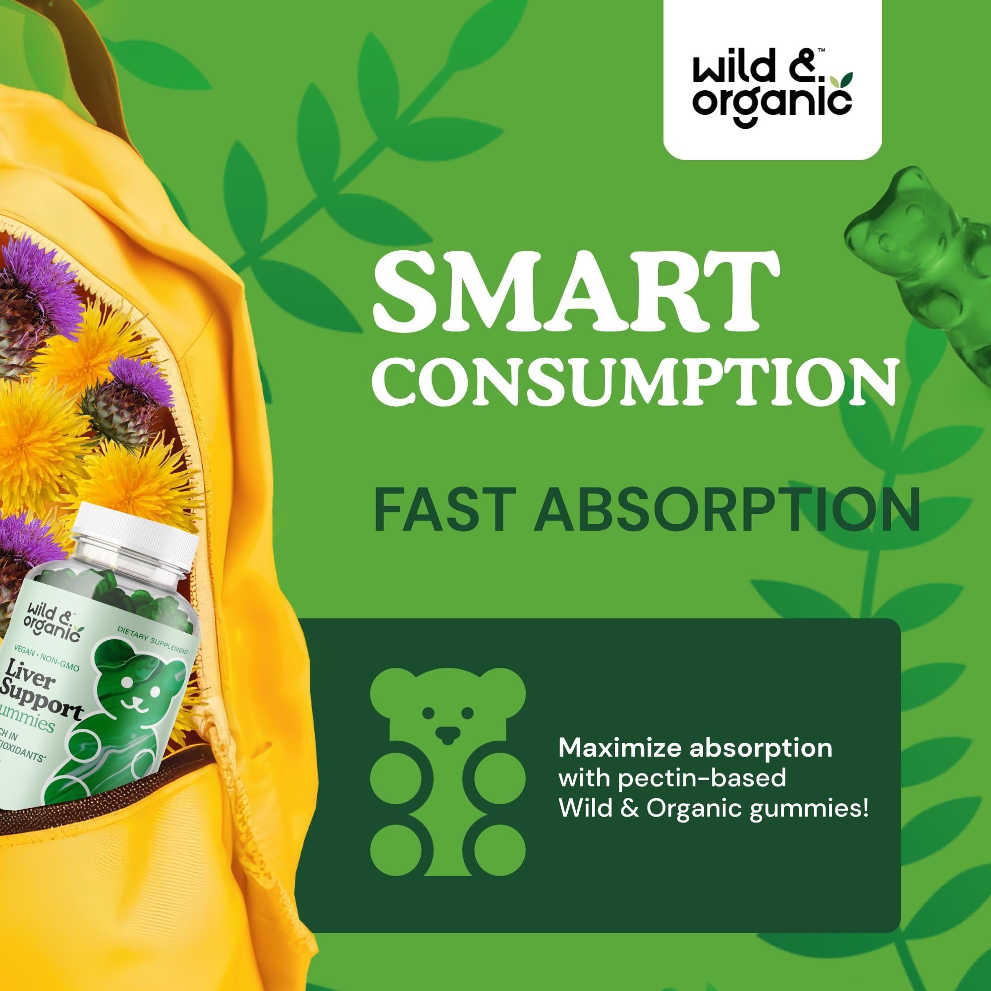 Wild & Organic dandelion root ingredient glass emphasizes detox-friendly herbal extract.