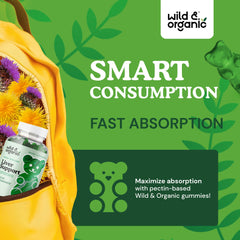 Wild & Organic dandelion root ingredient glass emphasizes detox-friendly herbal extract.
