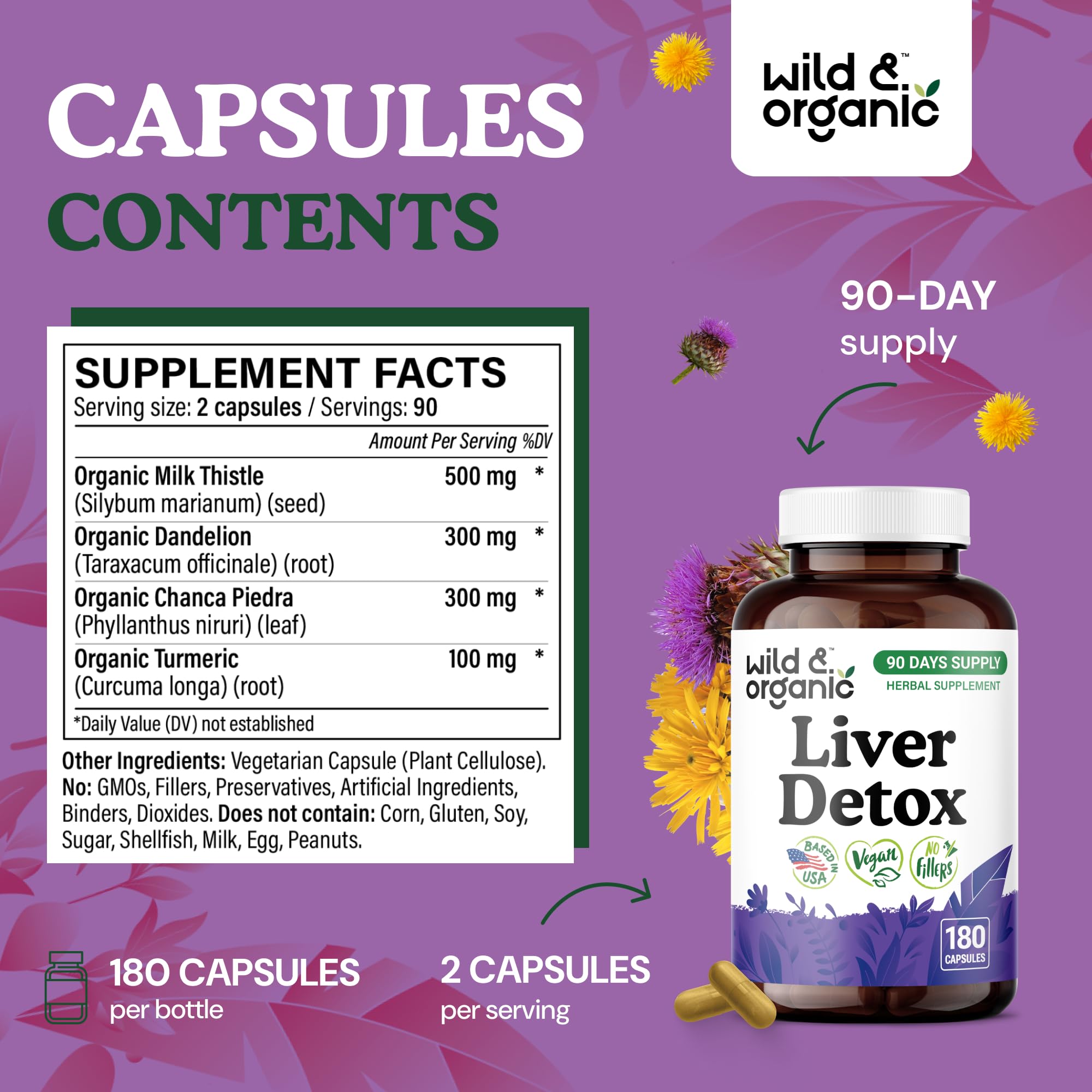 Wild & Organic Dandelion Root ingredients showcased for gentle detox support.