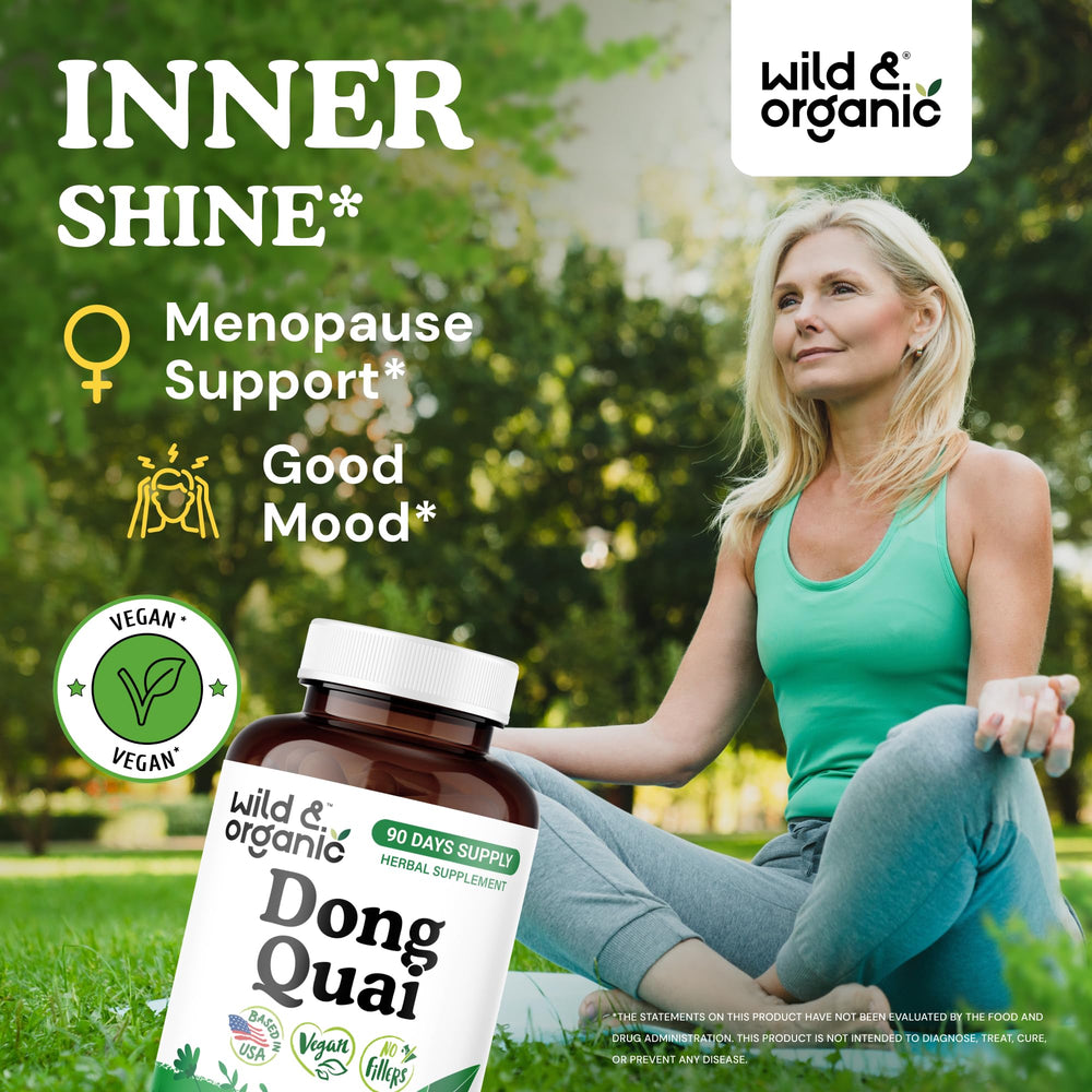 Wild & Organic Dong Quai capsules front view for easy daily intake and wellness.