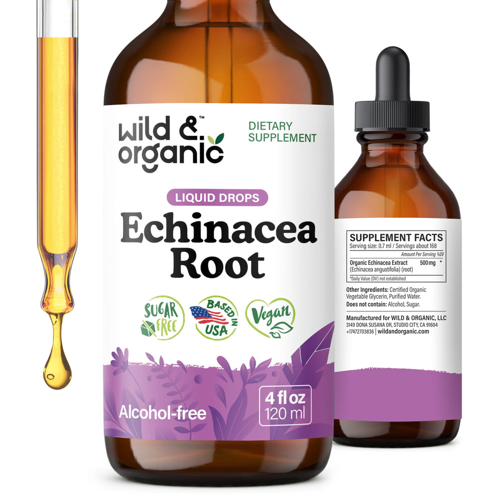 Wild & Organic Echinacea Drops bottle on a clean surface for daily immune support.