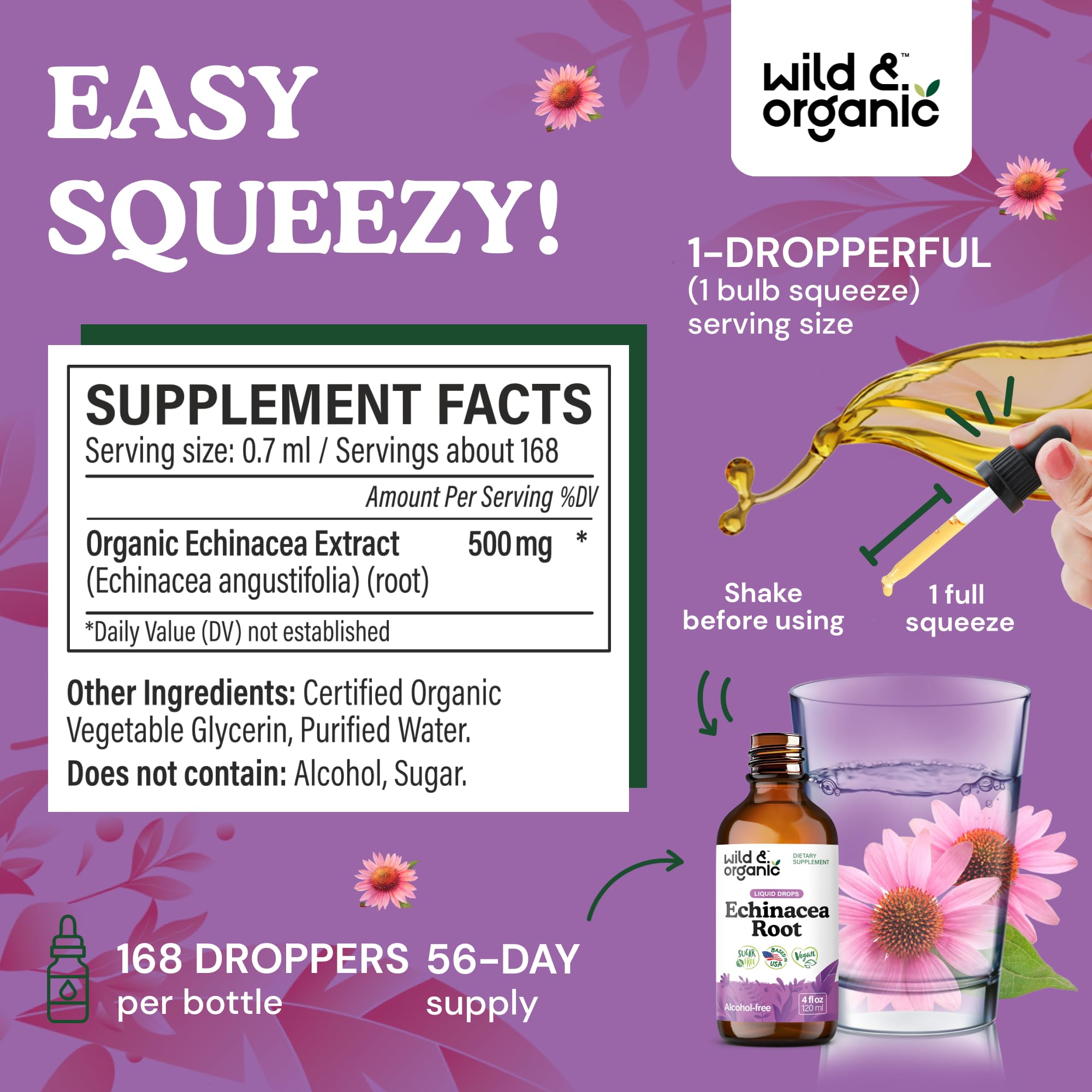Close-up of Wild & Organic Echinacea Drops label showing vegan and alcohol-free notes.