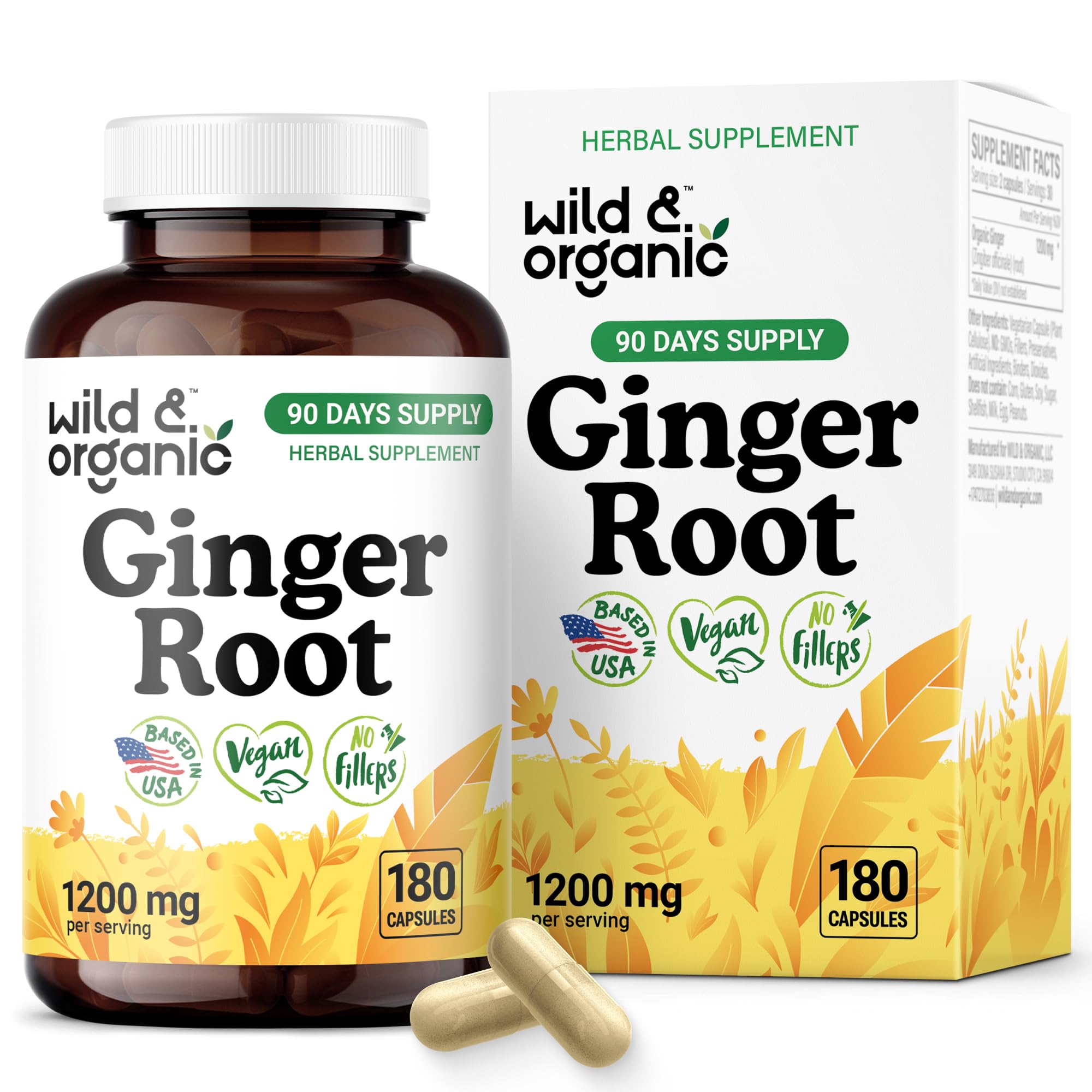 Wild & Organic ginger root capsules bottle front for immune and digestive support.