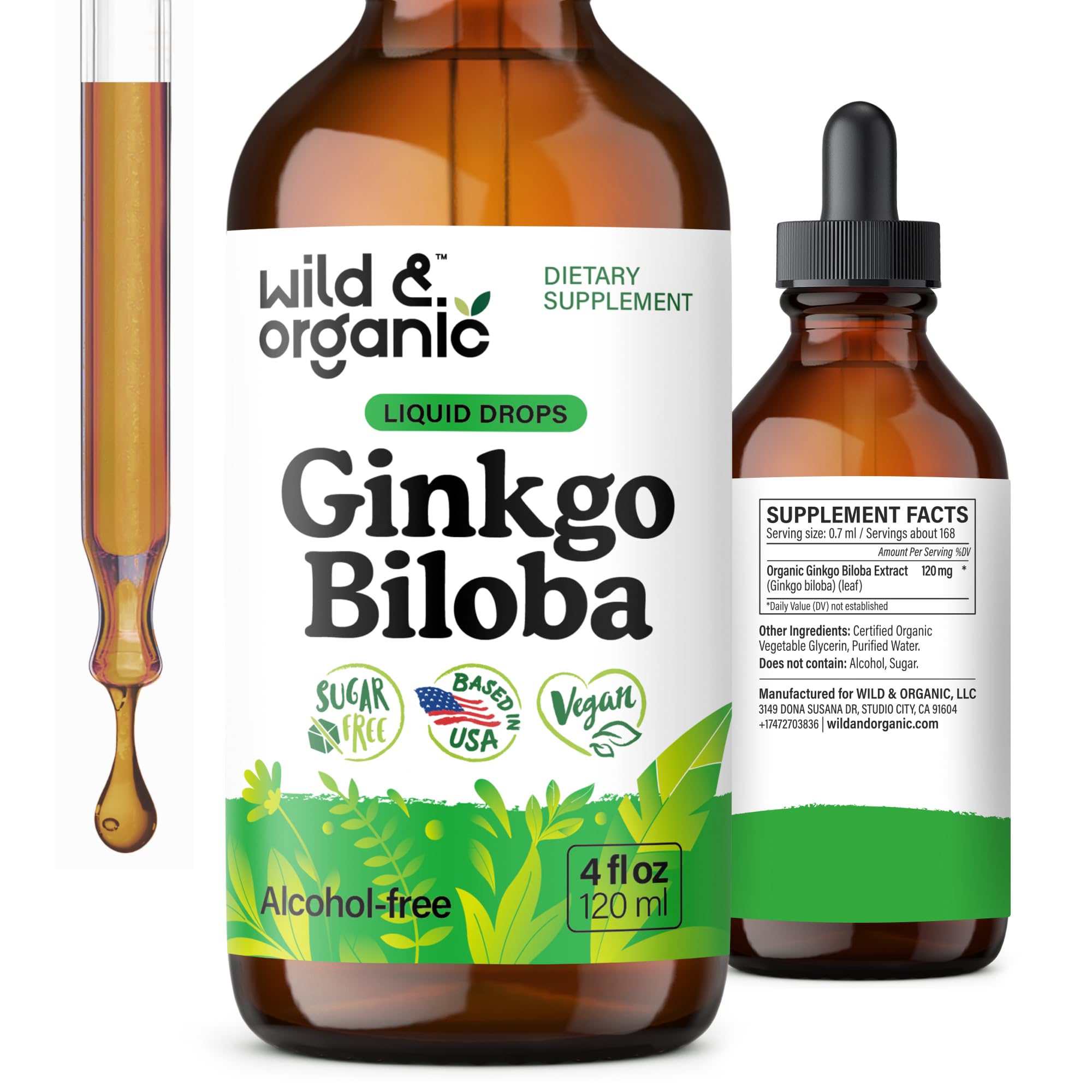 Wild & Organic Ginkgo Biloba Drops bottle front, vegan, alcohol-free tincture for focus and mental clarity