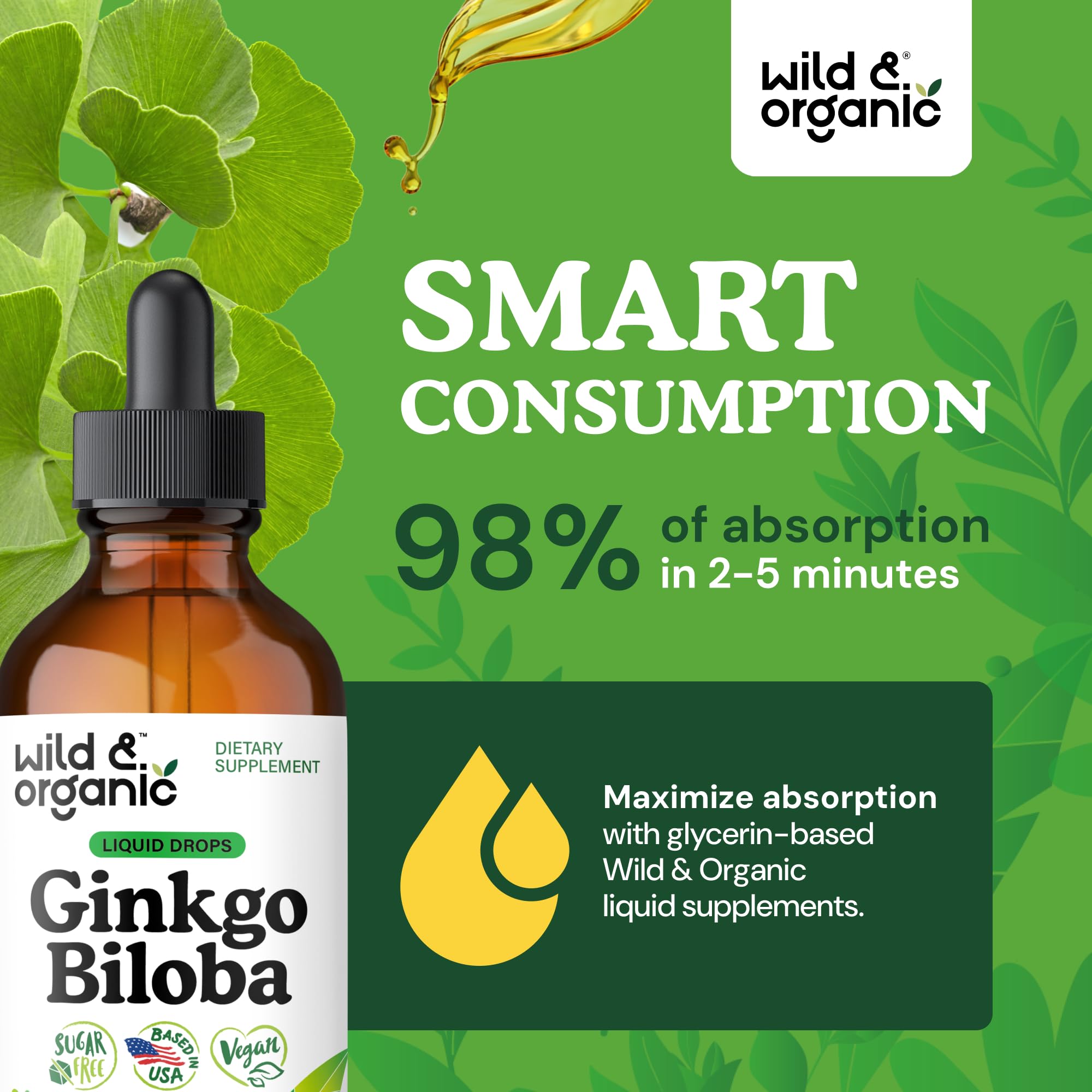 Wild & Organic Ginkgo Biloba Drops ingredients highlight vegan, GMO-free formulation