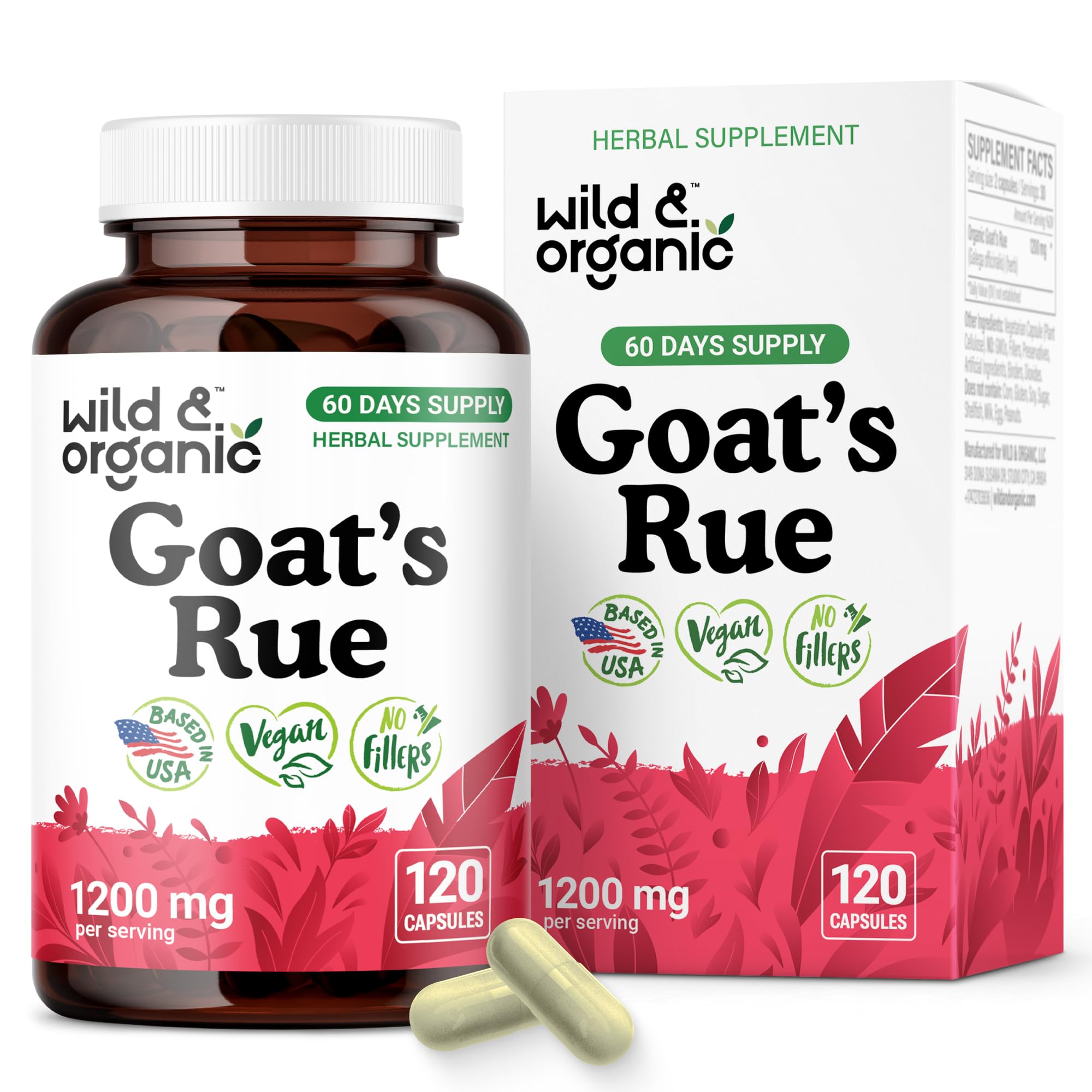 Wild & Organic Goats Rue capsules bottle front indicating vegan lactation support