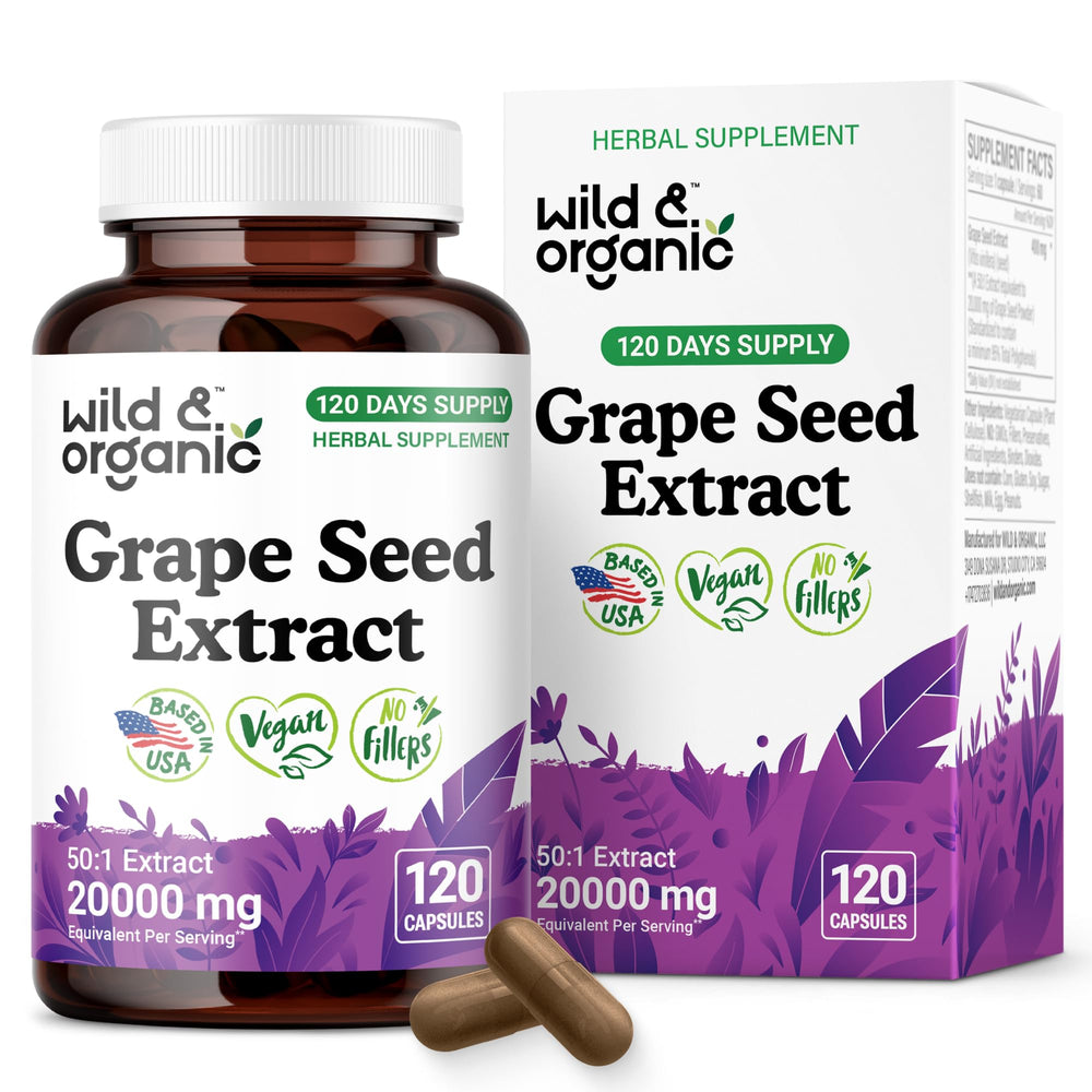 Wild & Organic grape seed extract capsules bottle showing vegan, non-GMO formula for antioxidant support
