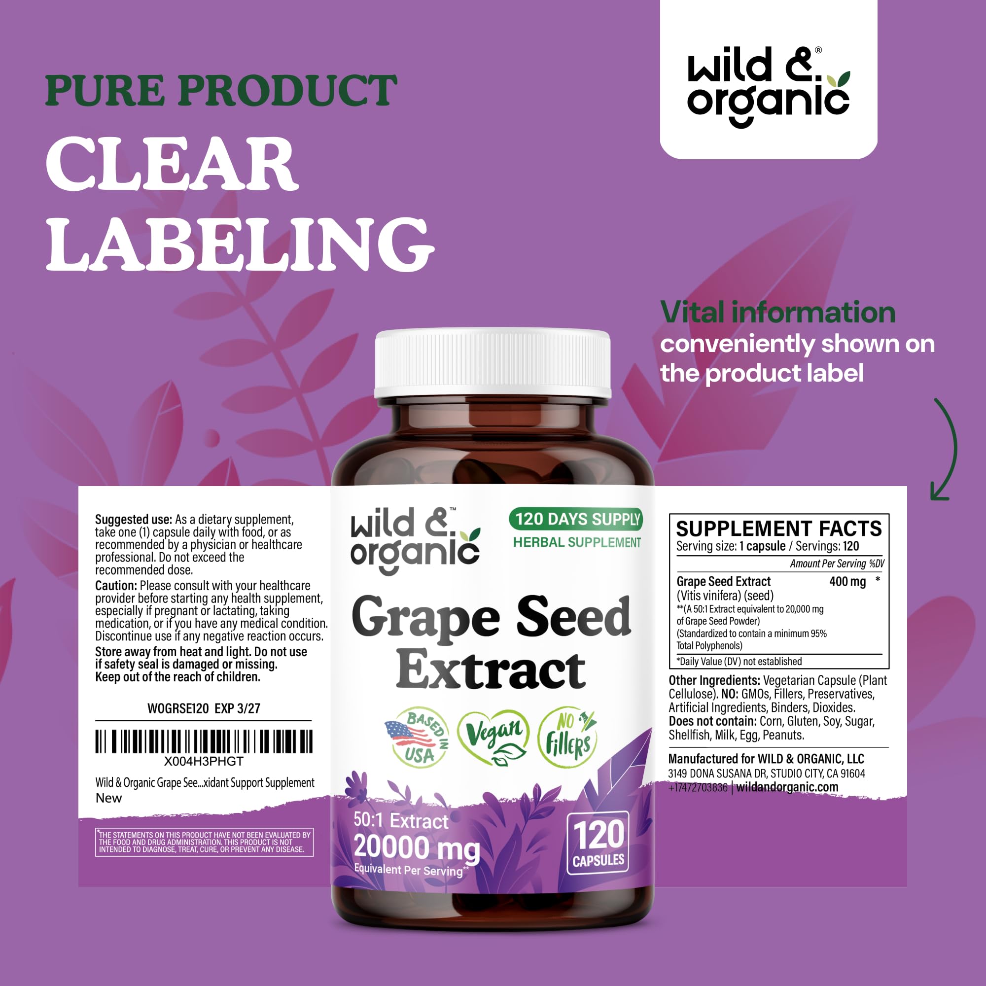Wild & Organic ingredients graphic highlighting non-GMO, no artificial additives
