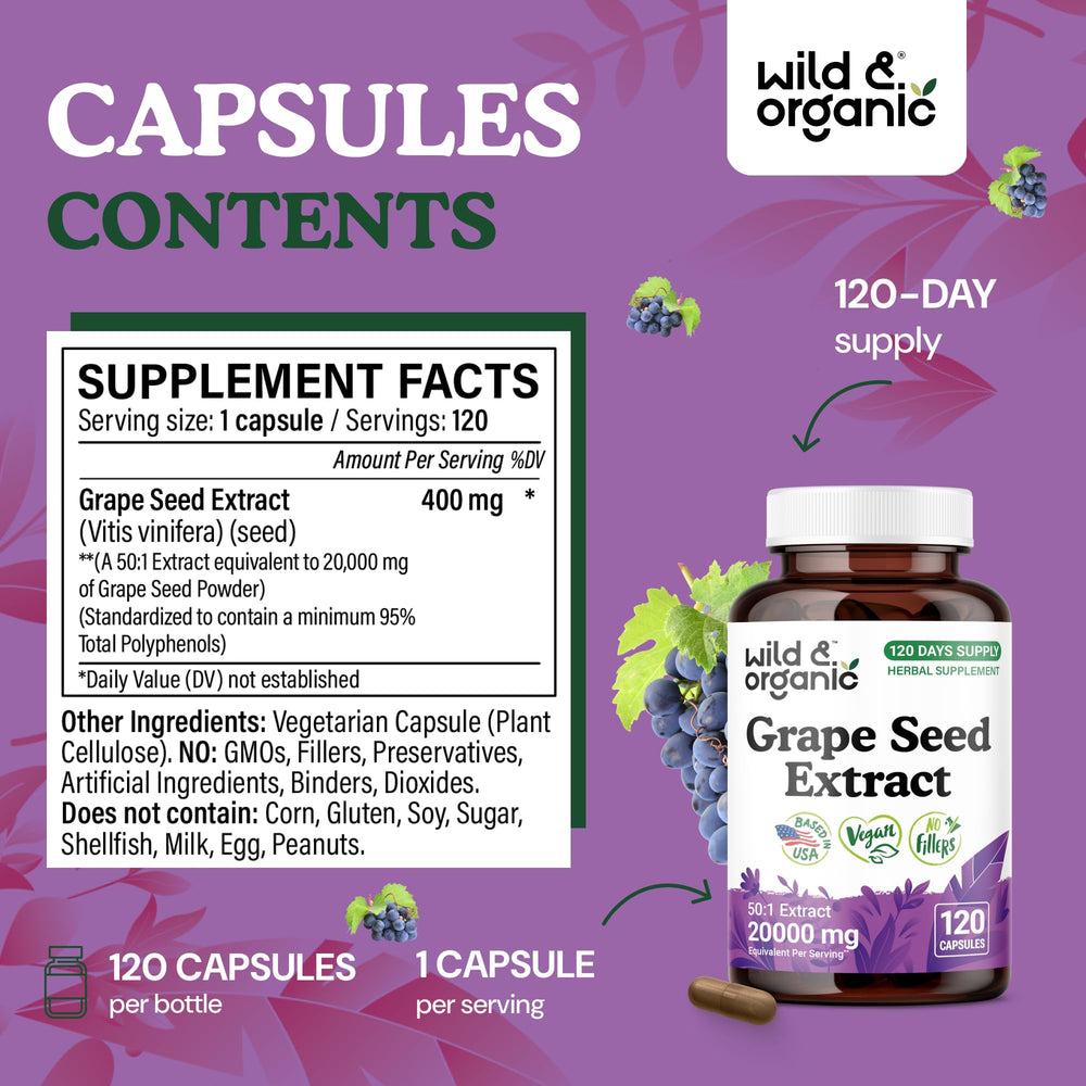 Detail of Wild & Organic label with 400 mg per serving and polyphenols content