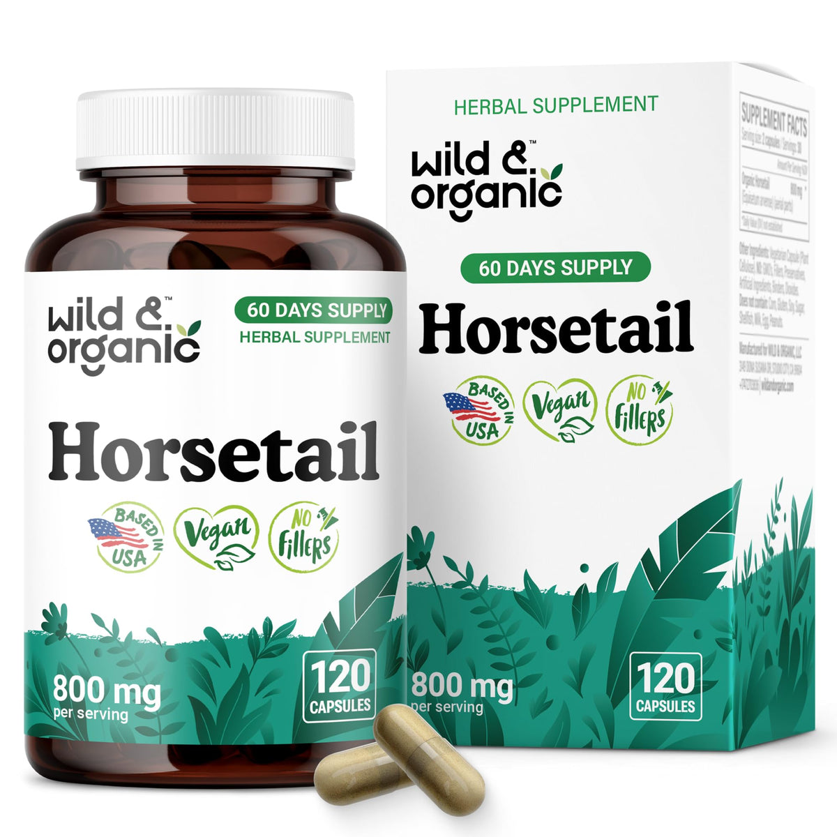 Wild & Organic Horsetail Capsules bottle front view for hair, skin, nails support.