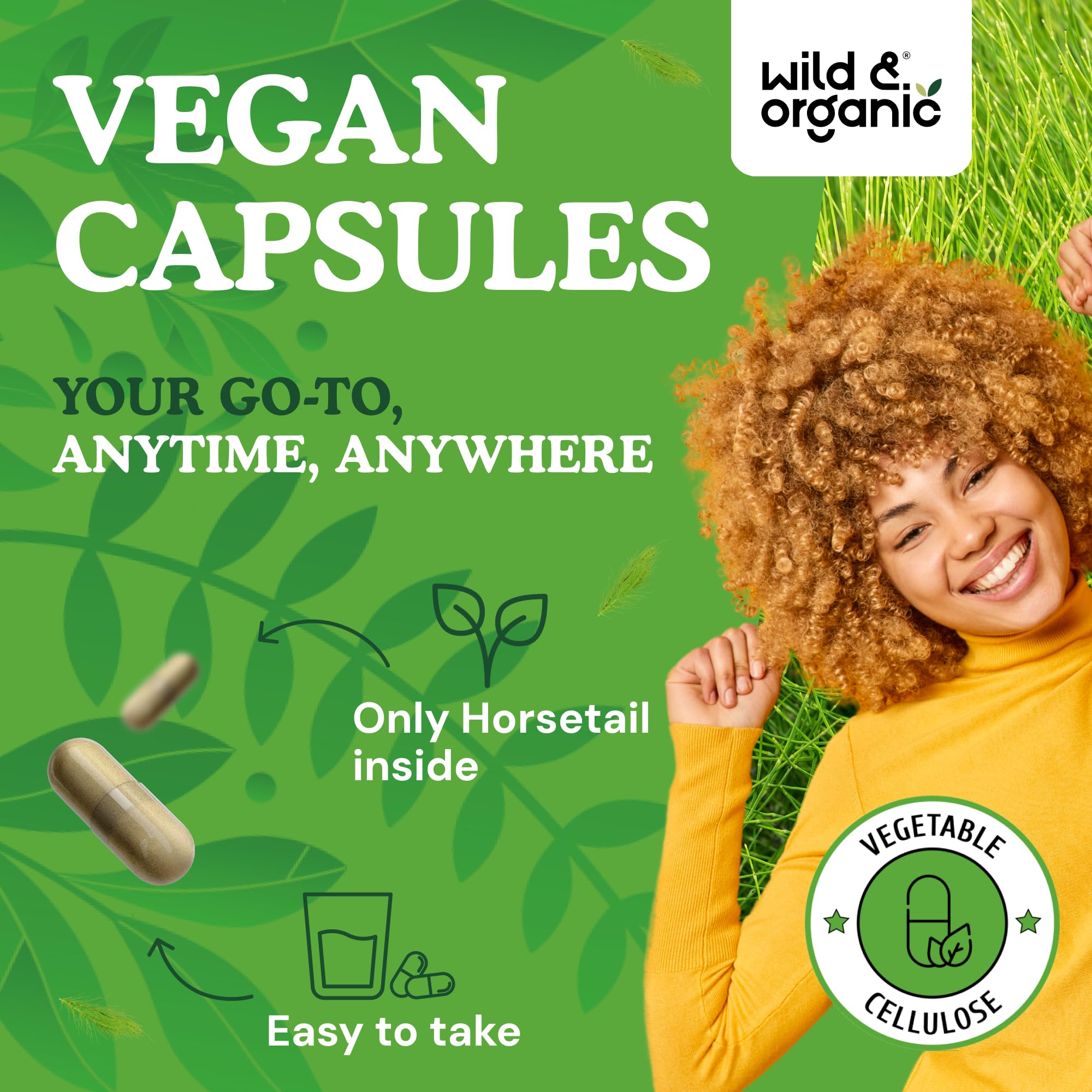 Wild & Organic Horsetail Capsules ingredients image emphasizes plant-based coating.