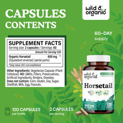 Wild & Organic Horsetail Capsules label front highlights vegan, non-GMO, no fillers.