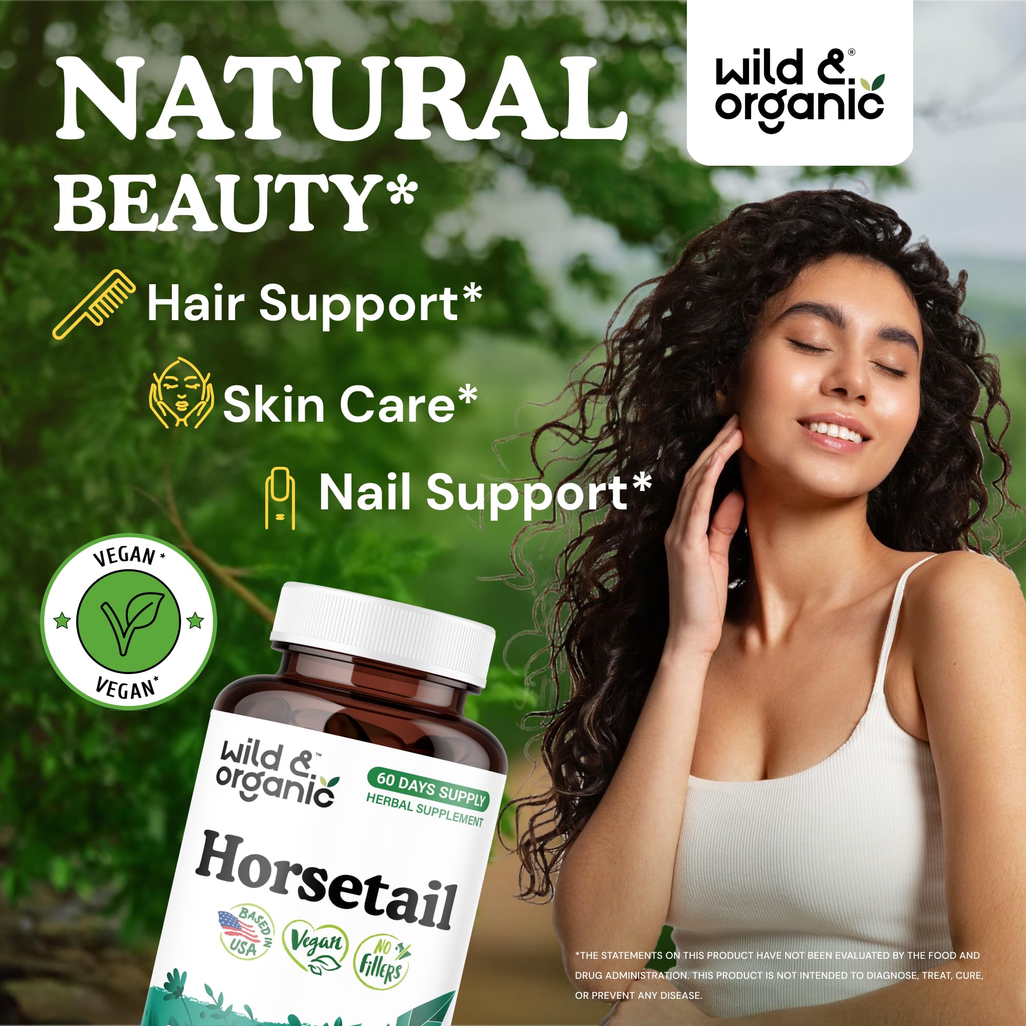 Wild & Organic Horsetail Capsules pouring view shows easy-to-swallow vegan supplement.
