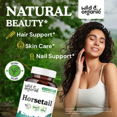 Wild & Organic Horsetail Capsules pouring view shows easy-to-swallow vegan supplement.
