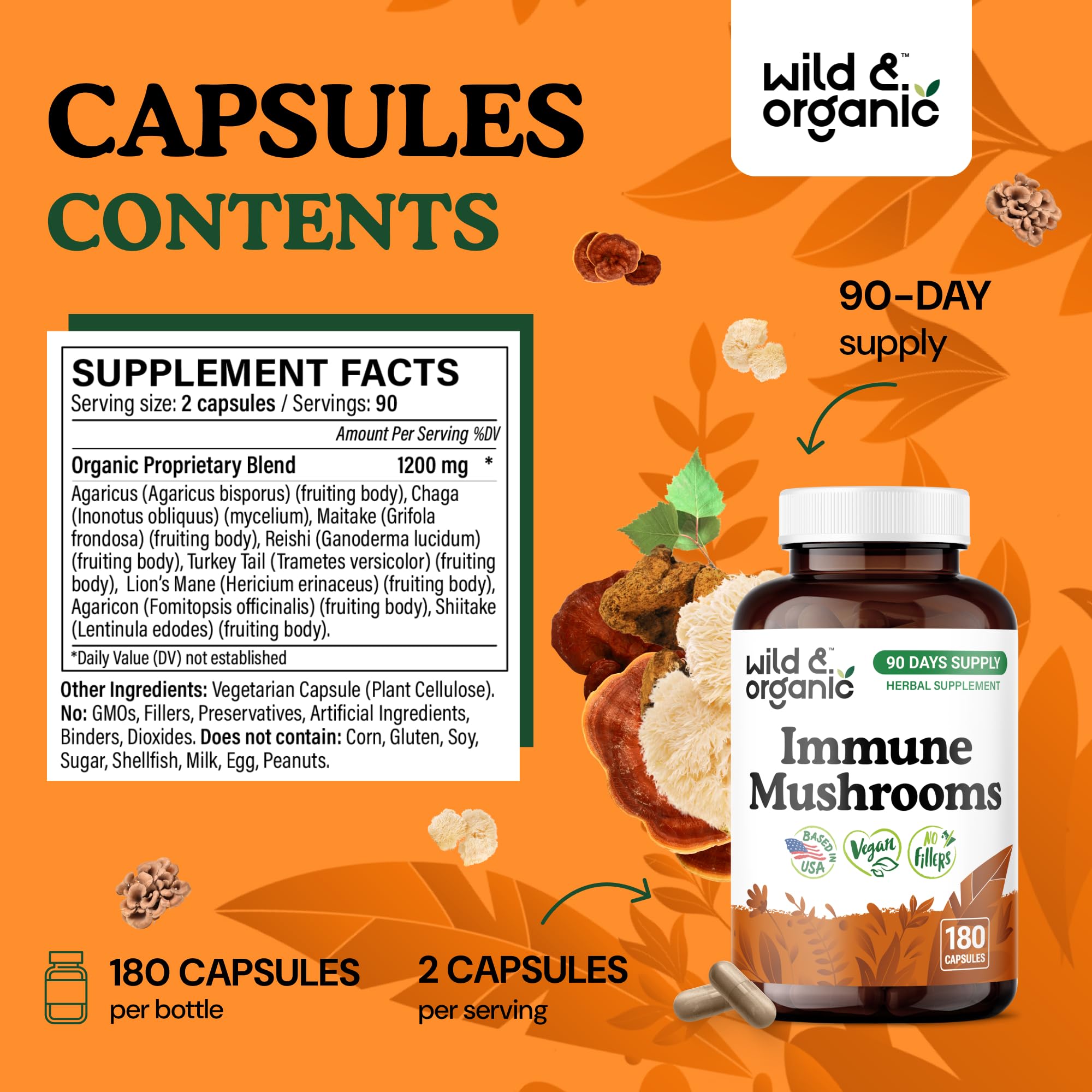 Pouring Wild and Organic Immune Mushroom Blend capsules illustrates easy daily dosage