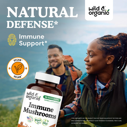 Wild and Organic Immune Mushroom Blend ingredients label close-up highlighting eight mushrooms