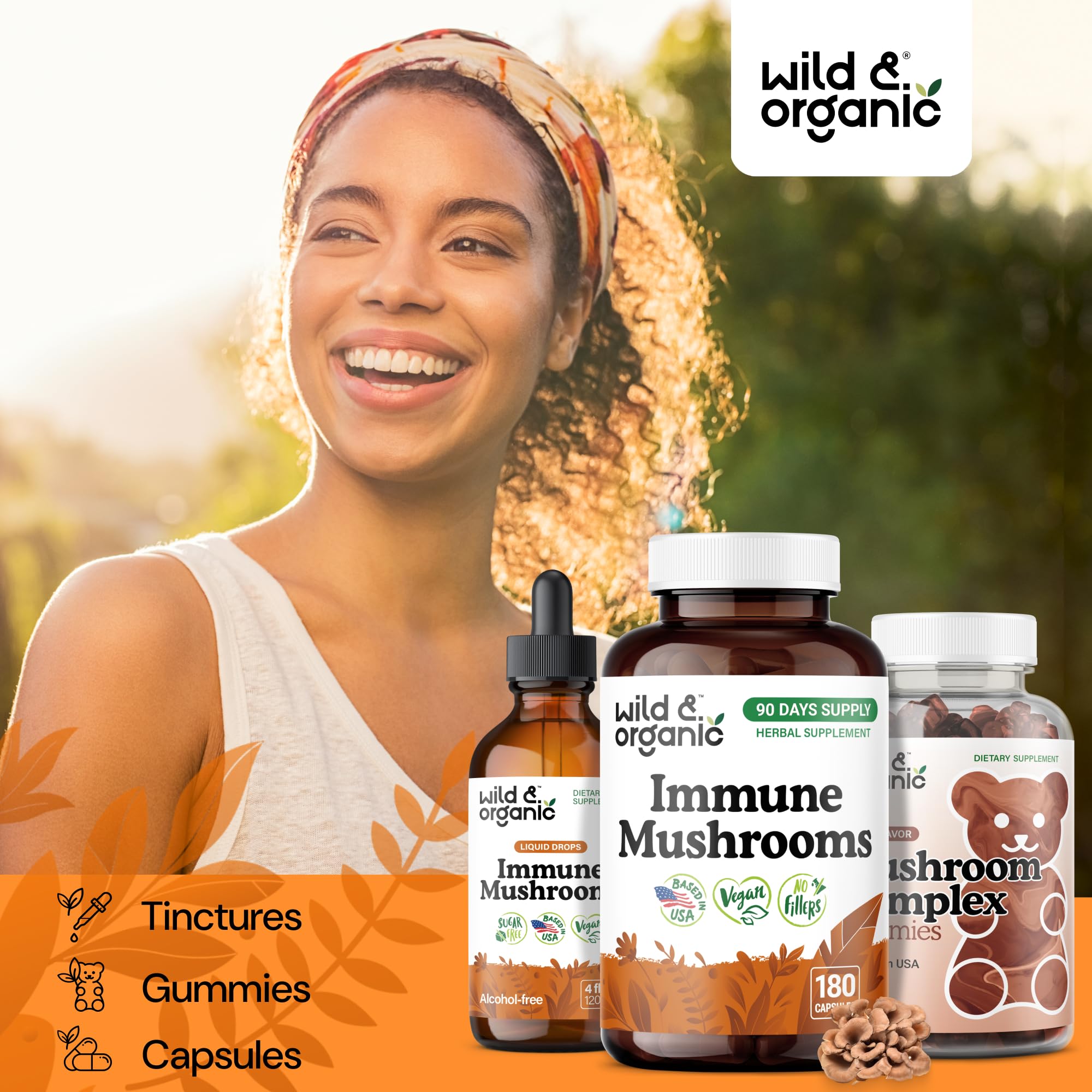 Wild and Organic Immune Mushroom Blend label showcases vegan non-GMO formula