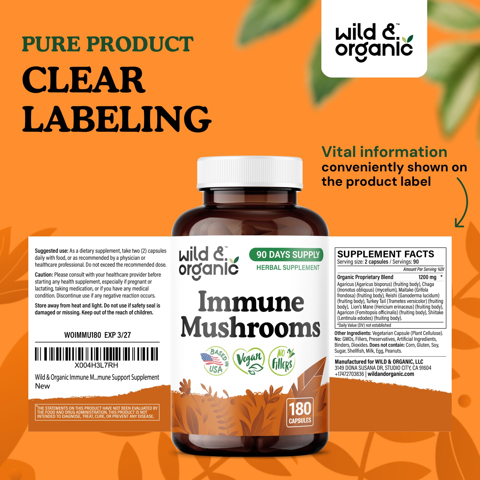 Eco-friendly packaging of Wild and Organic Immune Mushroom Blend for plant-based wellness