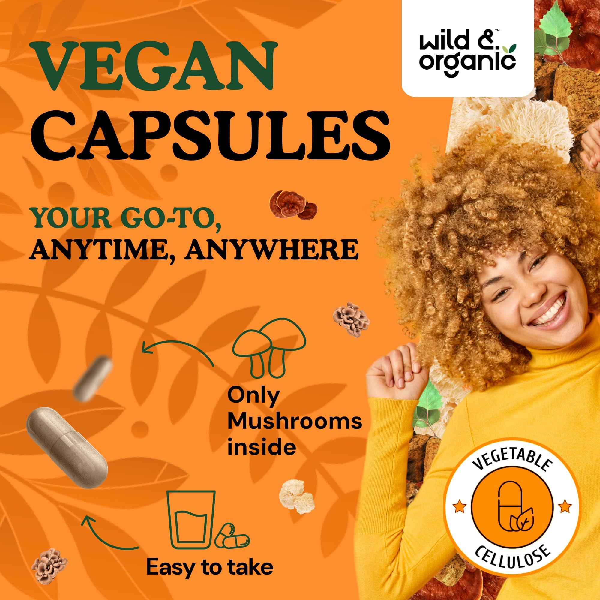 Close-up of vegan coating on Wild and Organic Immune Mushroom Blend capsules