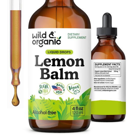 Wild & Organic Lemon Balm Tincture bottle front view highlighting mood support