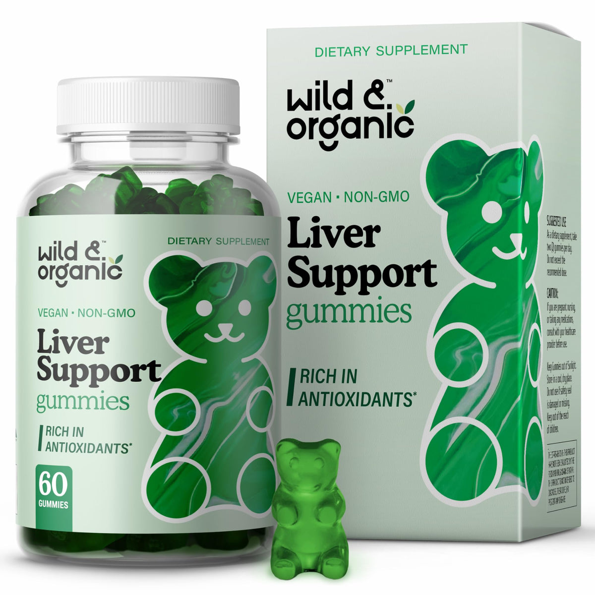 Wild & Organic Liver Support Gummies bottle shows the plant-based formula for daily liver support.