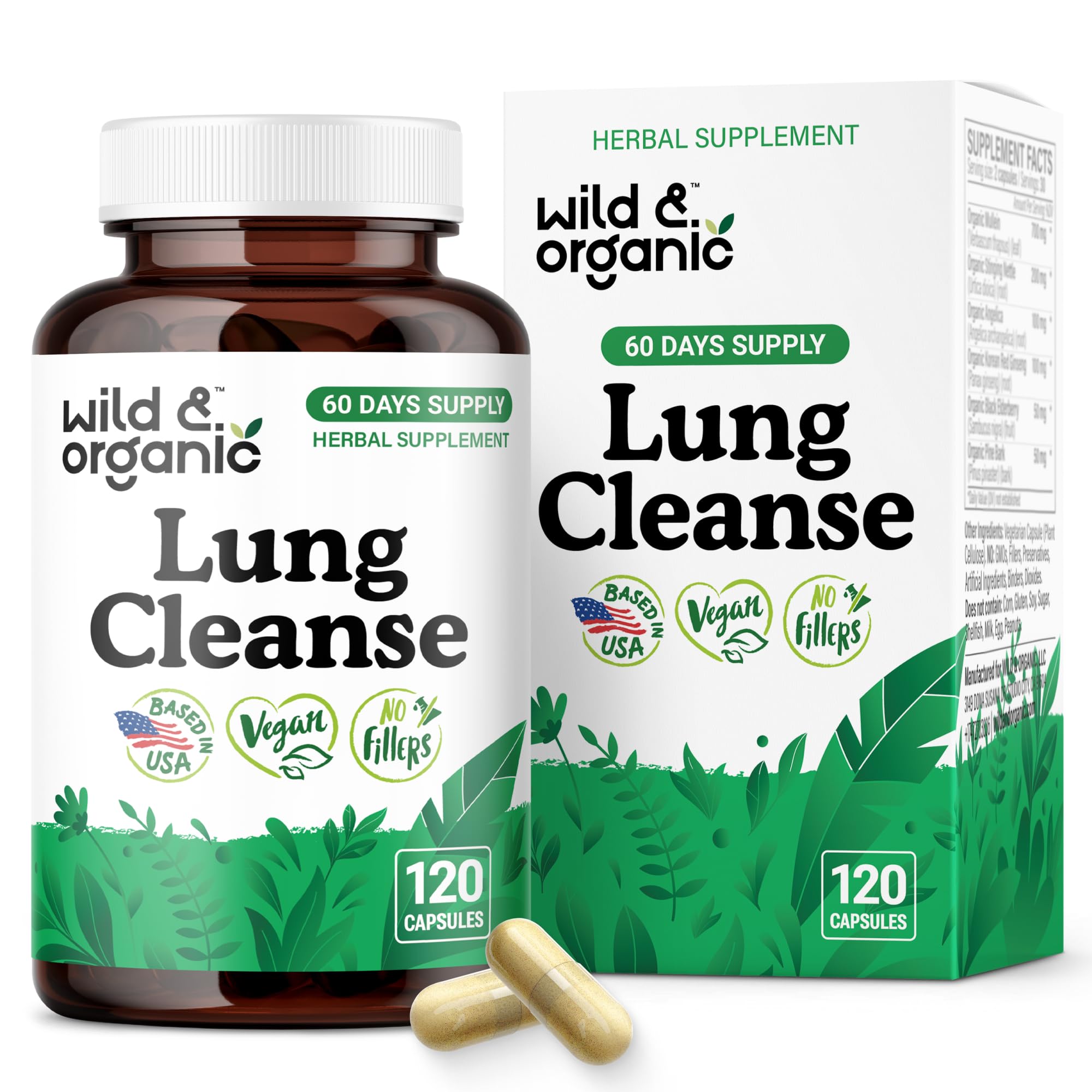 Wild & Organic Lung Cleanse bottle front view for daily lung support.