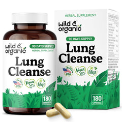 Wild & Organic Lung Cleanse bottle showing the 180-count package for daily support.