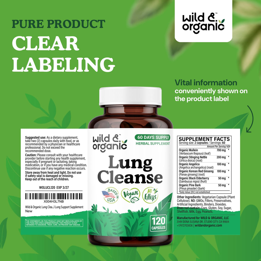 Black elderberry and pine bark blend visible in Wild & Organic Lung Cleanse.
