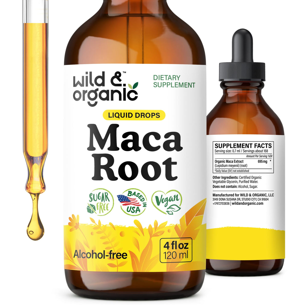 Wild & Organic Maca Drops bottle front highlighting vegan maca for daily wellness