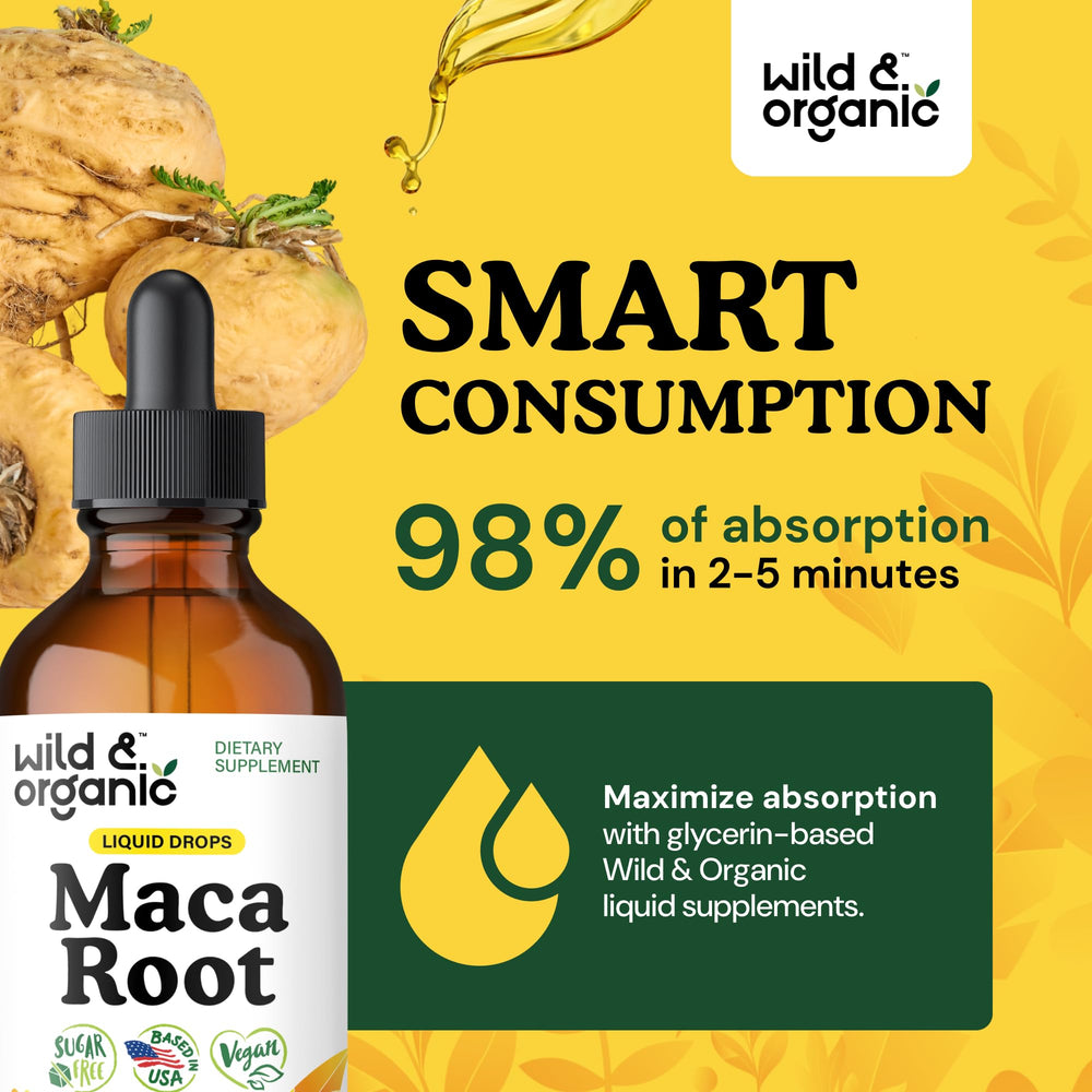 Wild & Organic Maca Drops glass with dosing illustrating 56-day supply