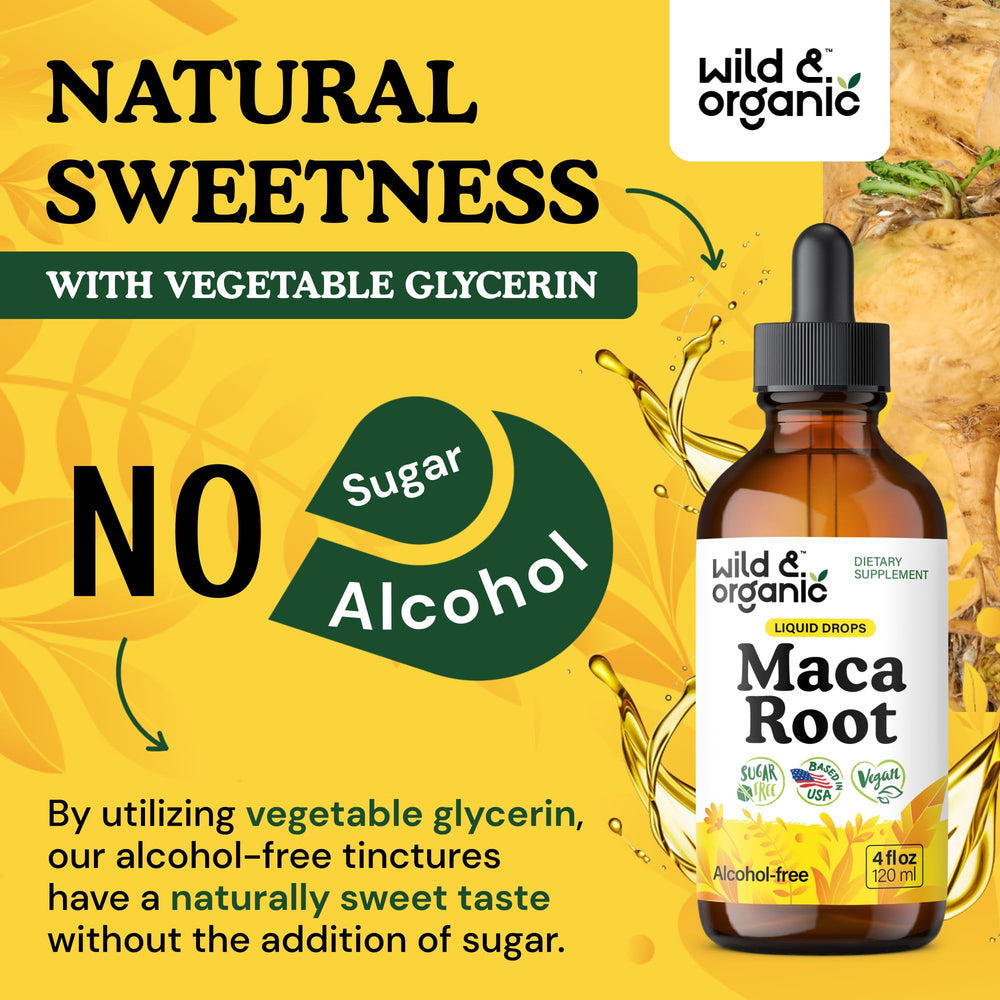 Wild & Organic Maca Drops ingredients panel notes vegan and GMO-free formula