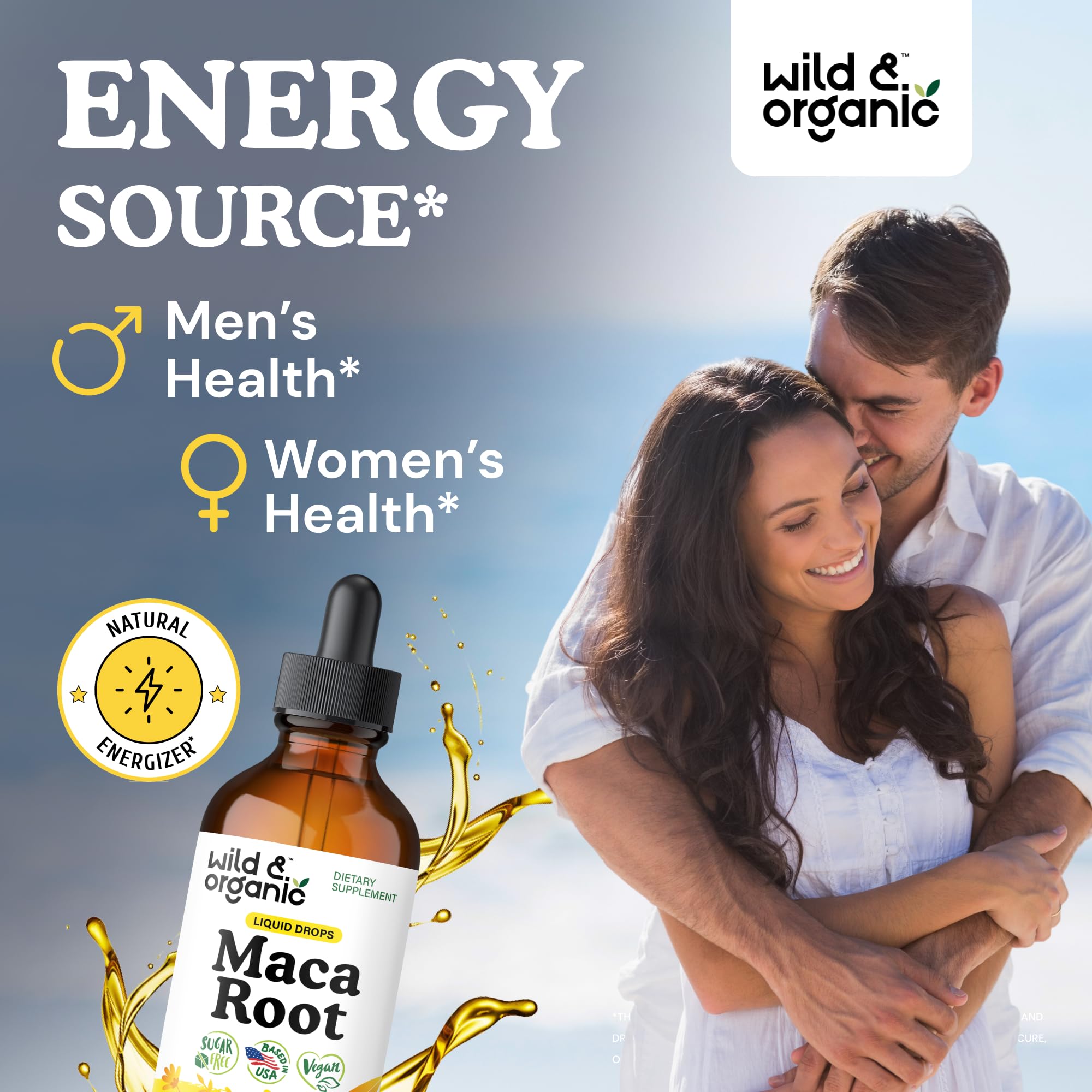 Wild & Organic Maca Drops label close-up showing alcohol-free glycerin base