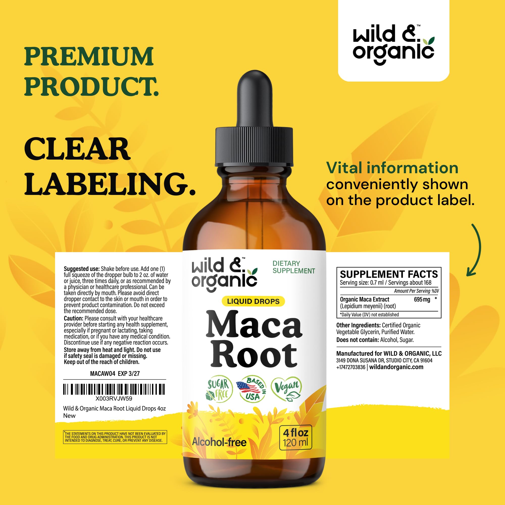 Wild & Organic Maca Drops packaging on shelf signaling trusted natural product