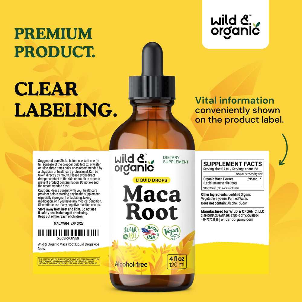 Wild & Organic Maca Drops packaging on shelf signaling trusted natural product
