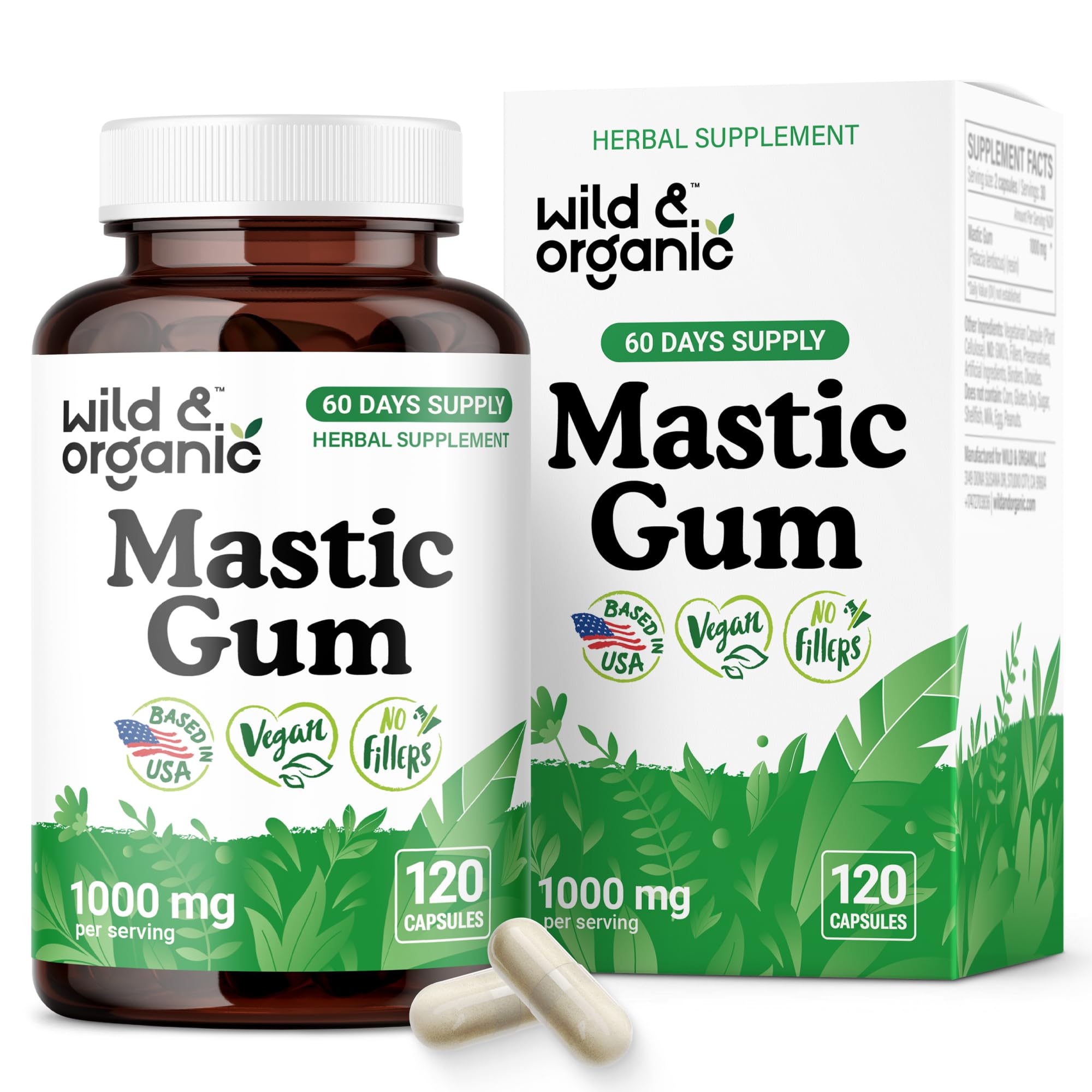 Wild & Organic mastic gum capsules bottle front for a two-month supply and gut support