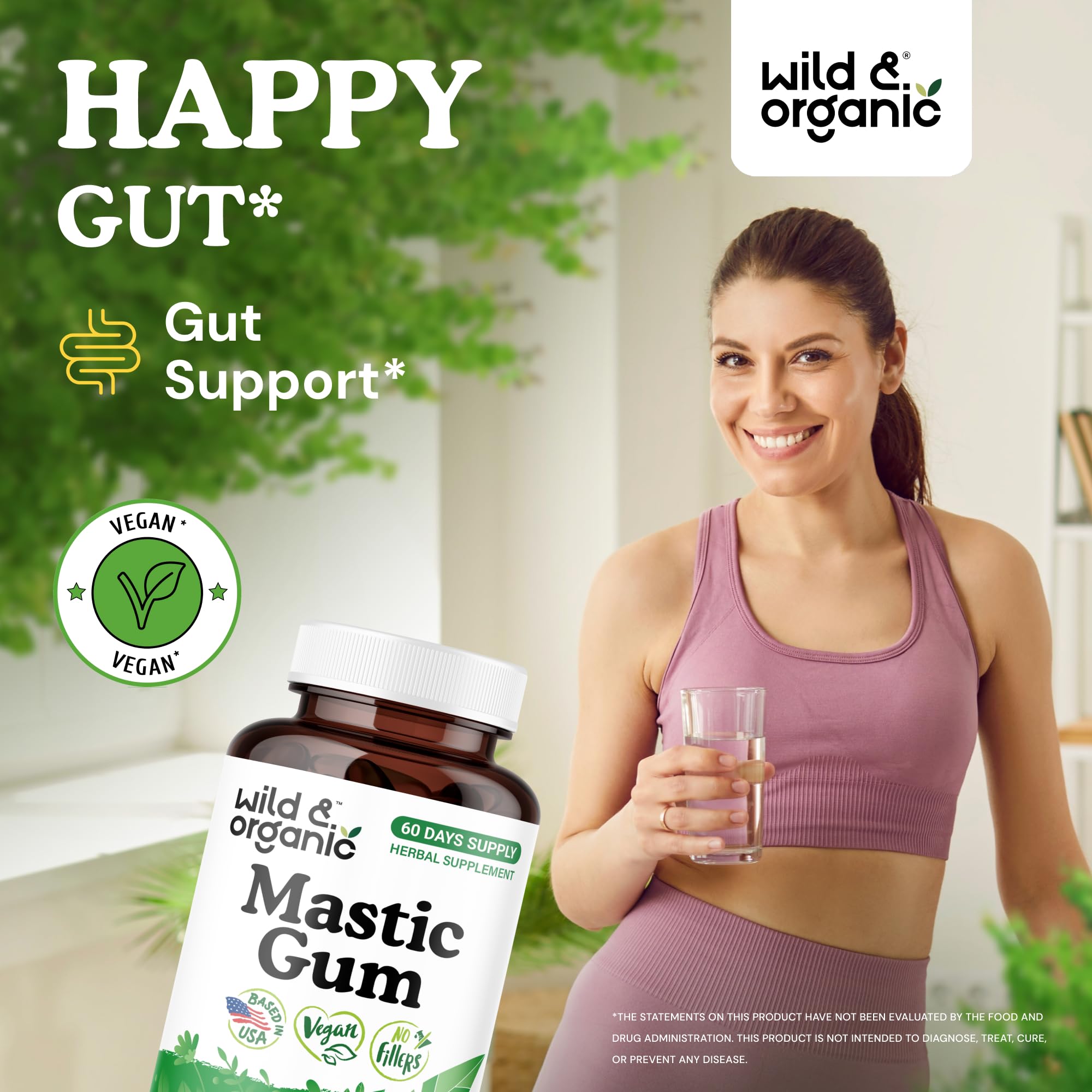 Wild & Organic mastic gum capsules bottle pour showing convenient daily dosage