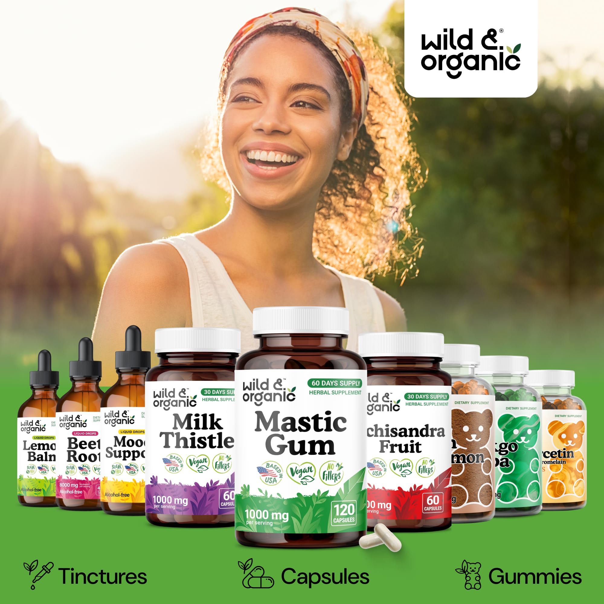 Wild & Organic mastic gum capsules gluten-free, non-GMO label on packaging