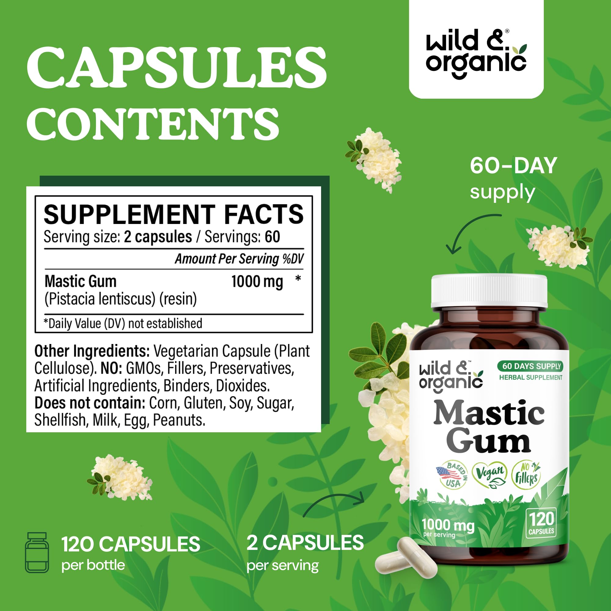 Wild & Organic mastic gum capsules packaging highlighting vegan, non-GMO formula