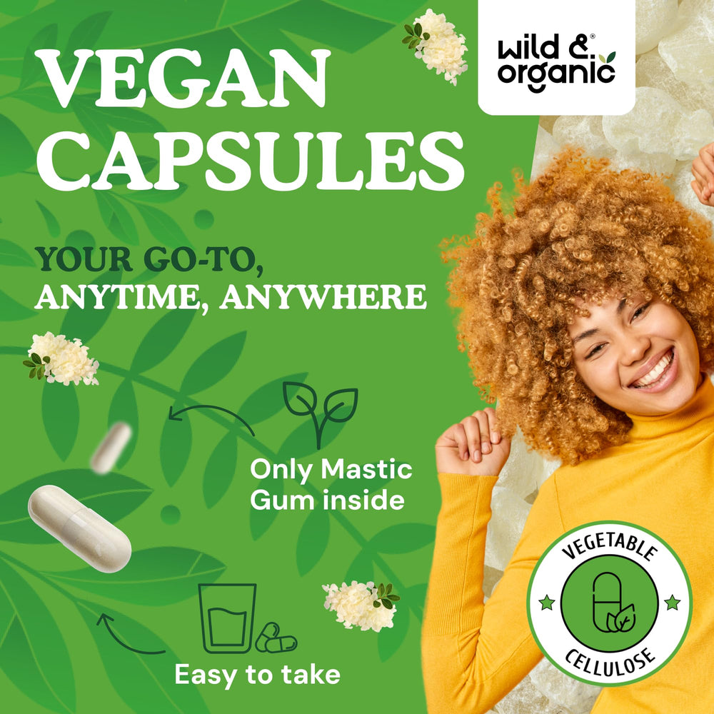 Wild & Organic mastic gum capsules vegan ingredients list emphasizing plant-based choice