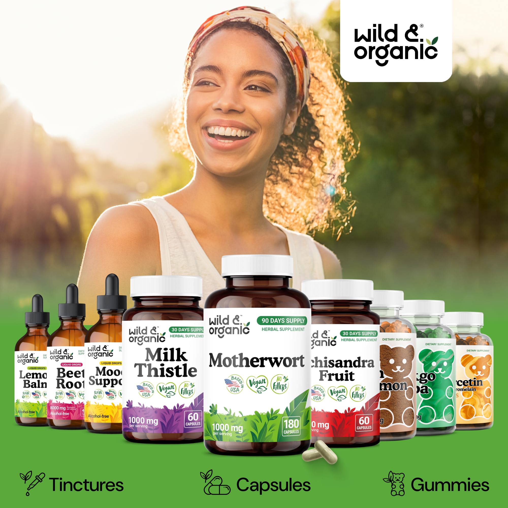 Gluten-free and non-GMO icons featured on Wild & Organic Motherwort packaging.