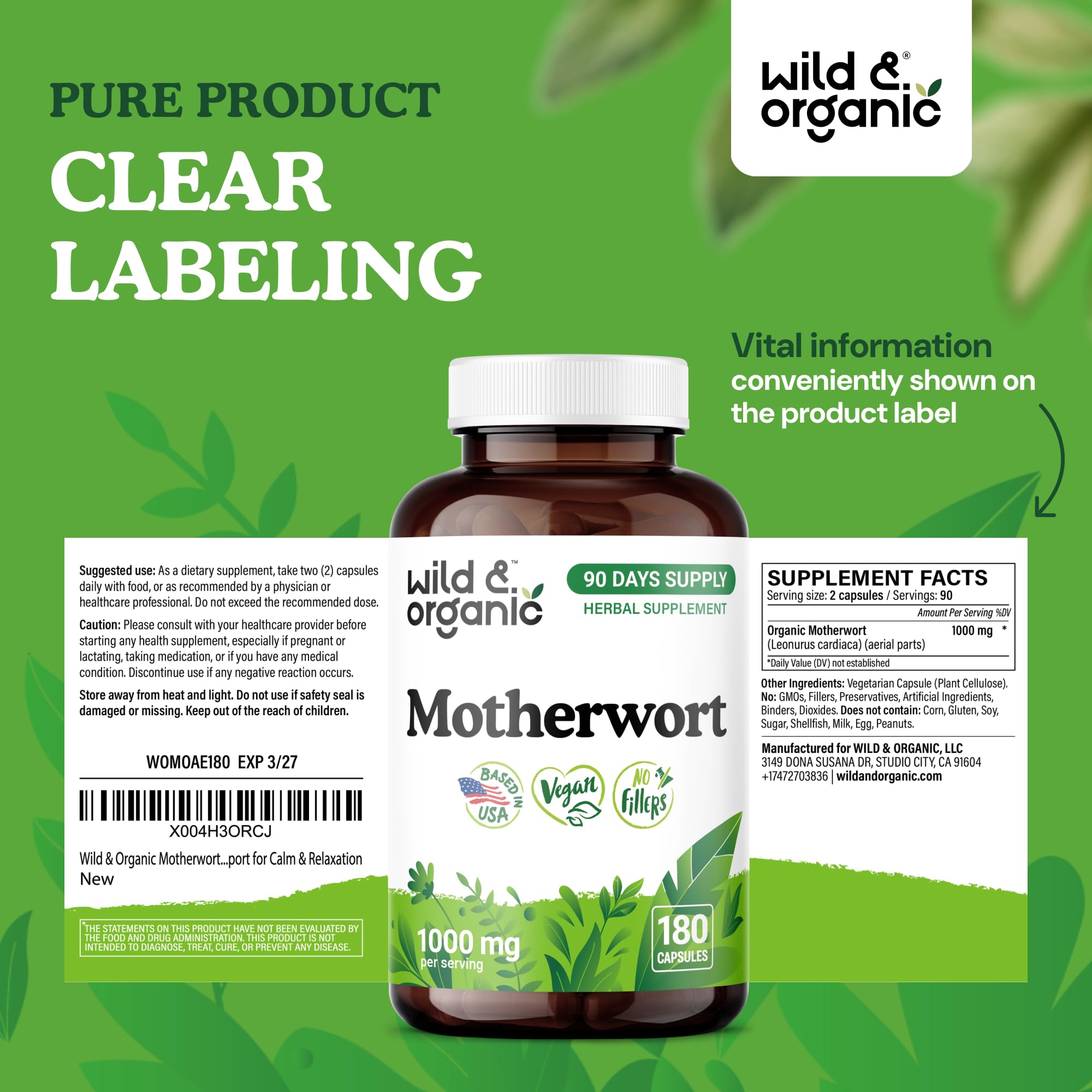 Serving size illustration for Wild & Organic Motherwort capsules, two capsules per day.