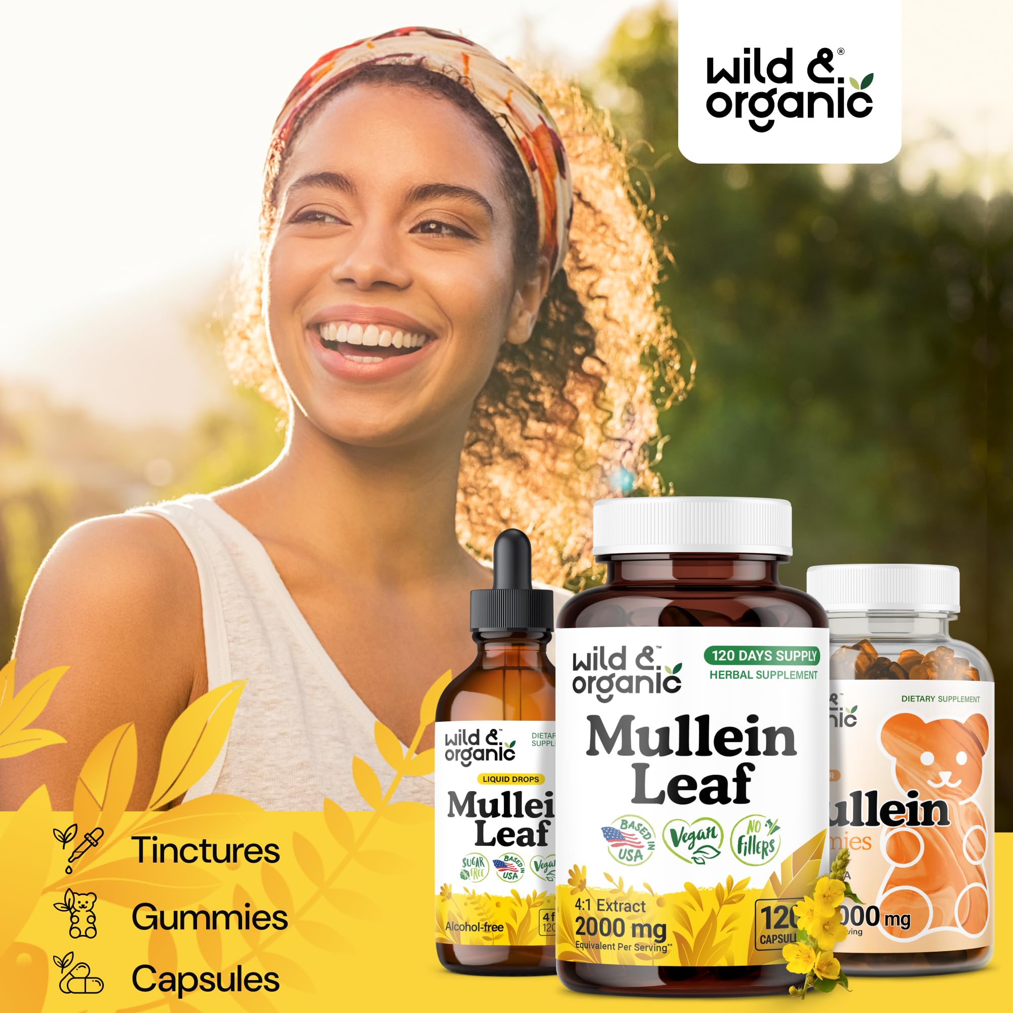 Packaging showing 120-count 4-month supply of Wild and Organic mullein capsules