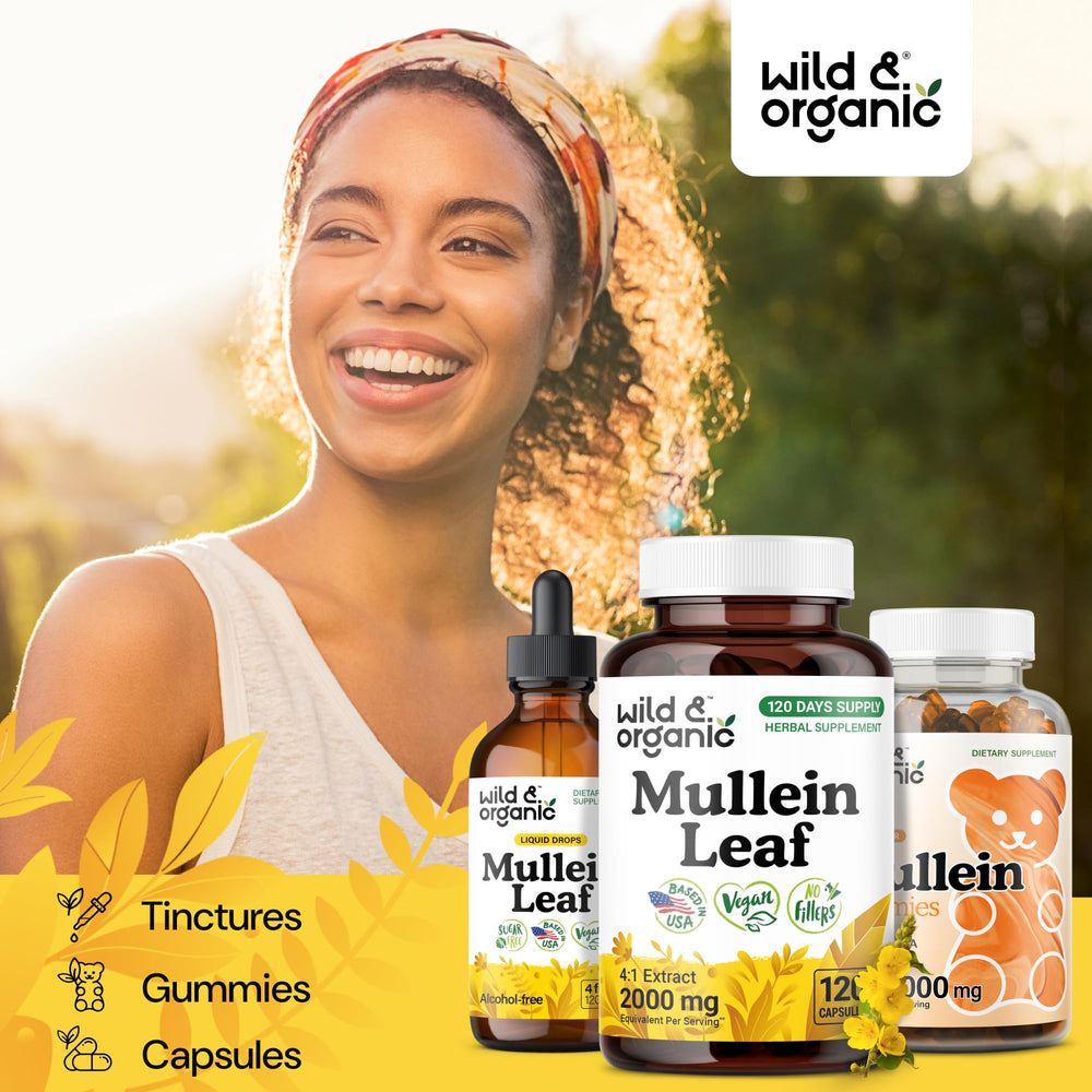 Packaging showing 120-count 4-month supply of Wild and Organic mullein capsules