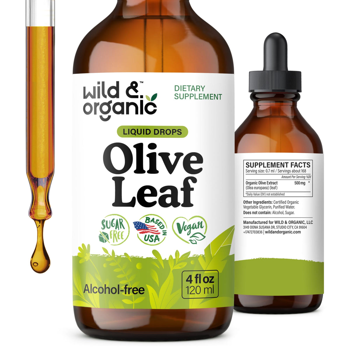 Wild & Organic olive leaf liquid bottle front showing natural daily supplement for well-being