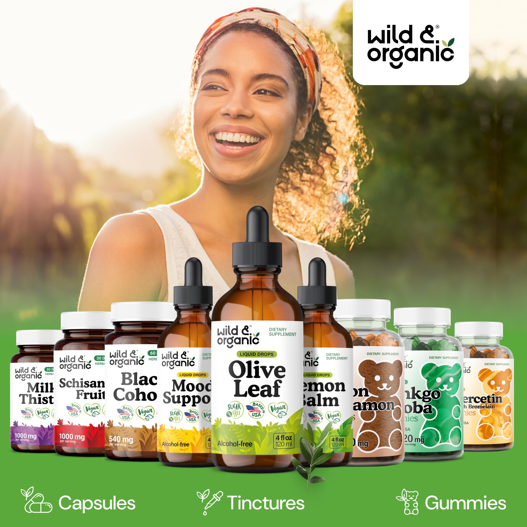 Wild & Organic olive leaf liquid dosage info indicating 84-day supply