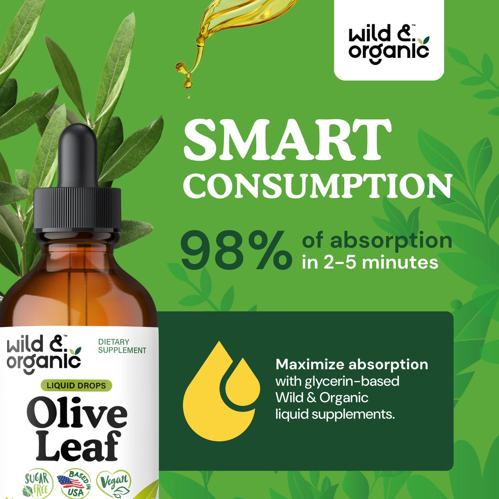 Wild & Organic olive leaf liquid label closeup showing vegan, GMO-free formula