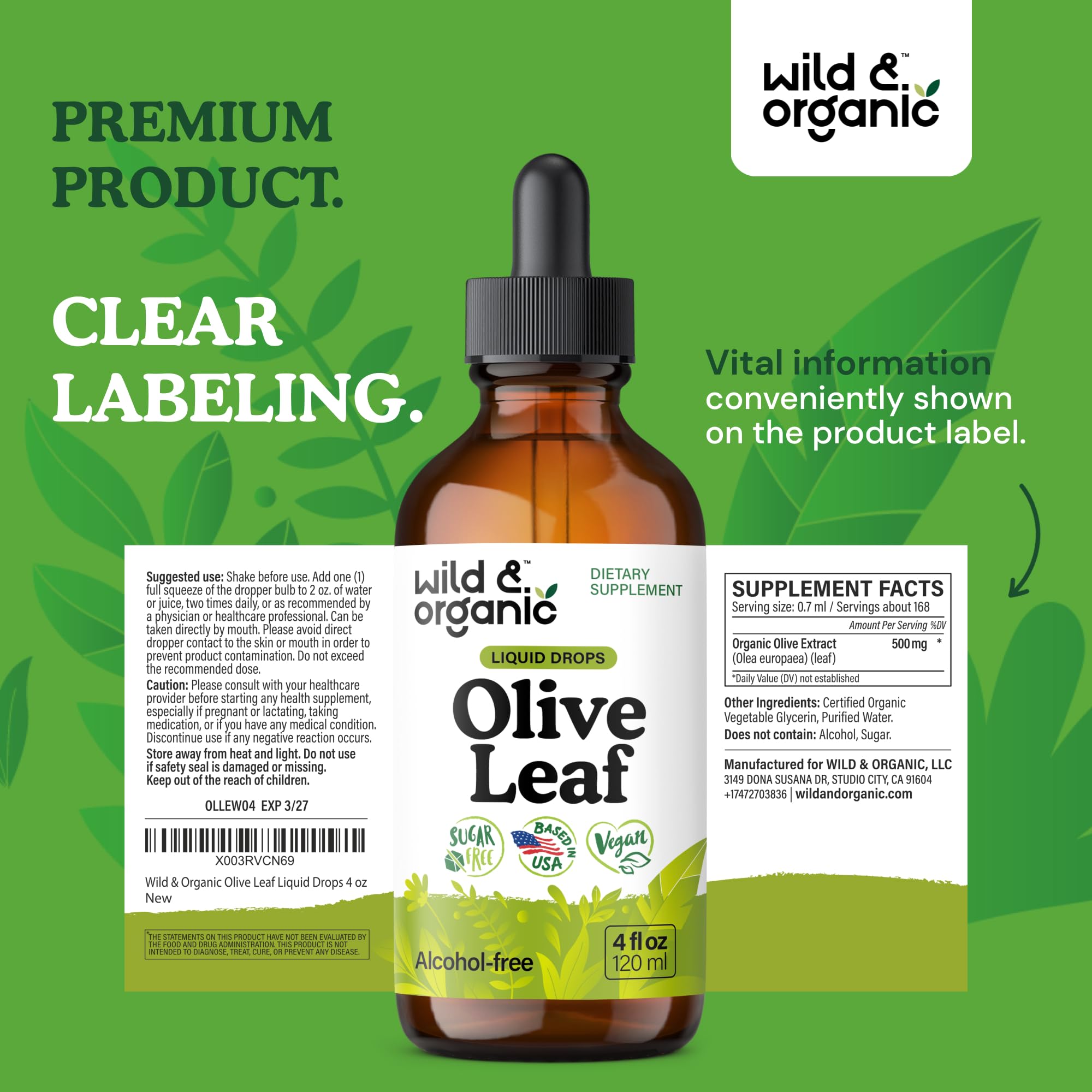 Wild & Organic olive leaf liquid wellness scene suitable for daily routines