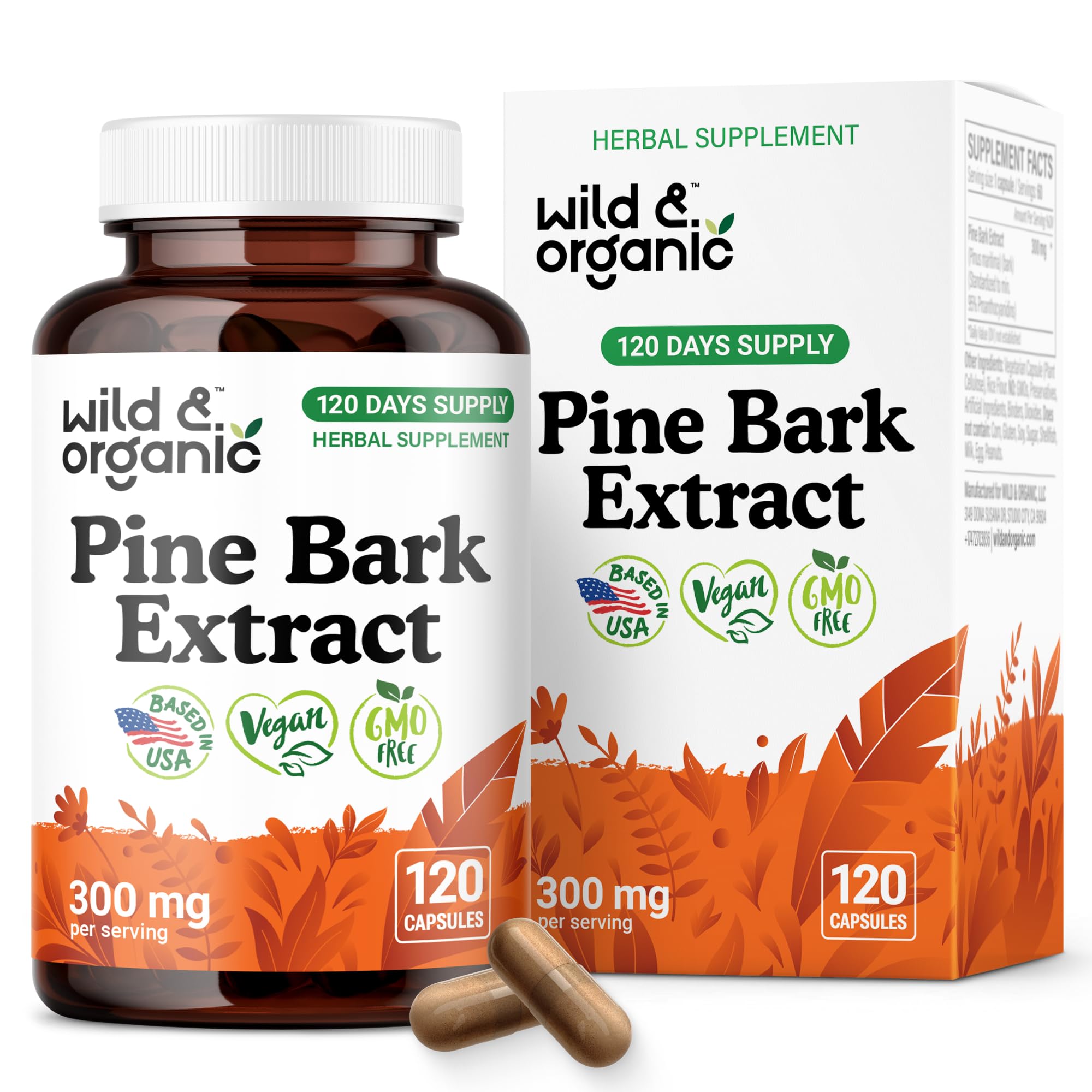 Wild and Organic Pine Bark Extract Capsules bottle with vegan, non-GMO formula for daily antioxidant support.